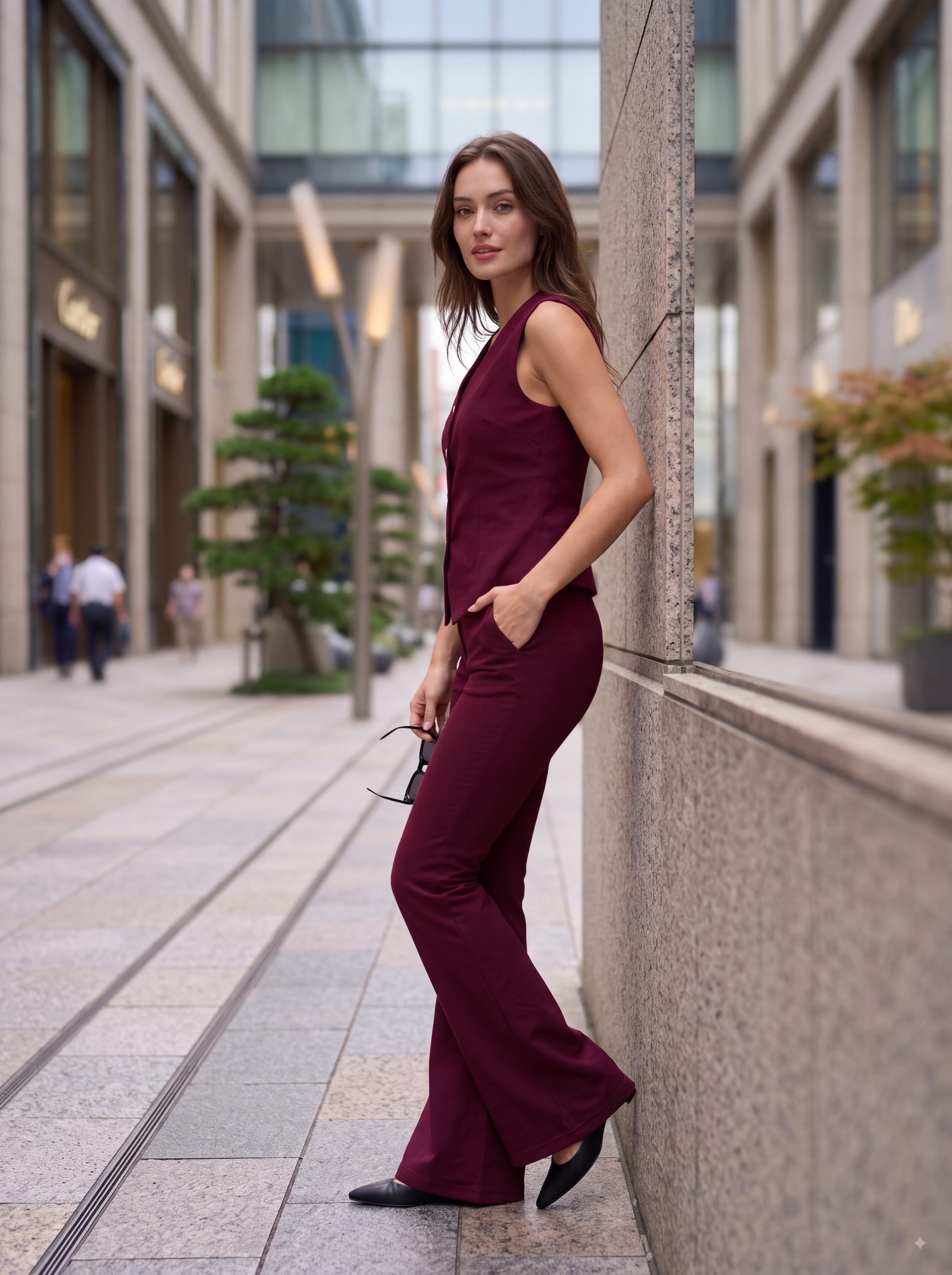Women's Burgundy Tailored Vest & Flared Trousers Pair Collection | Premium European Women's Pair