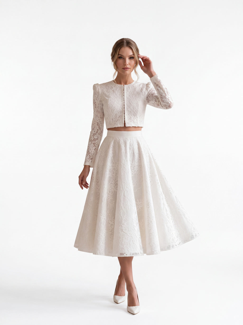 Ivory Lace Two-Piece Midi Dress Set