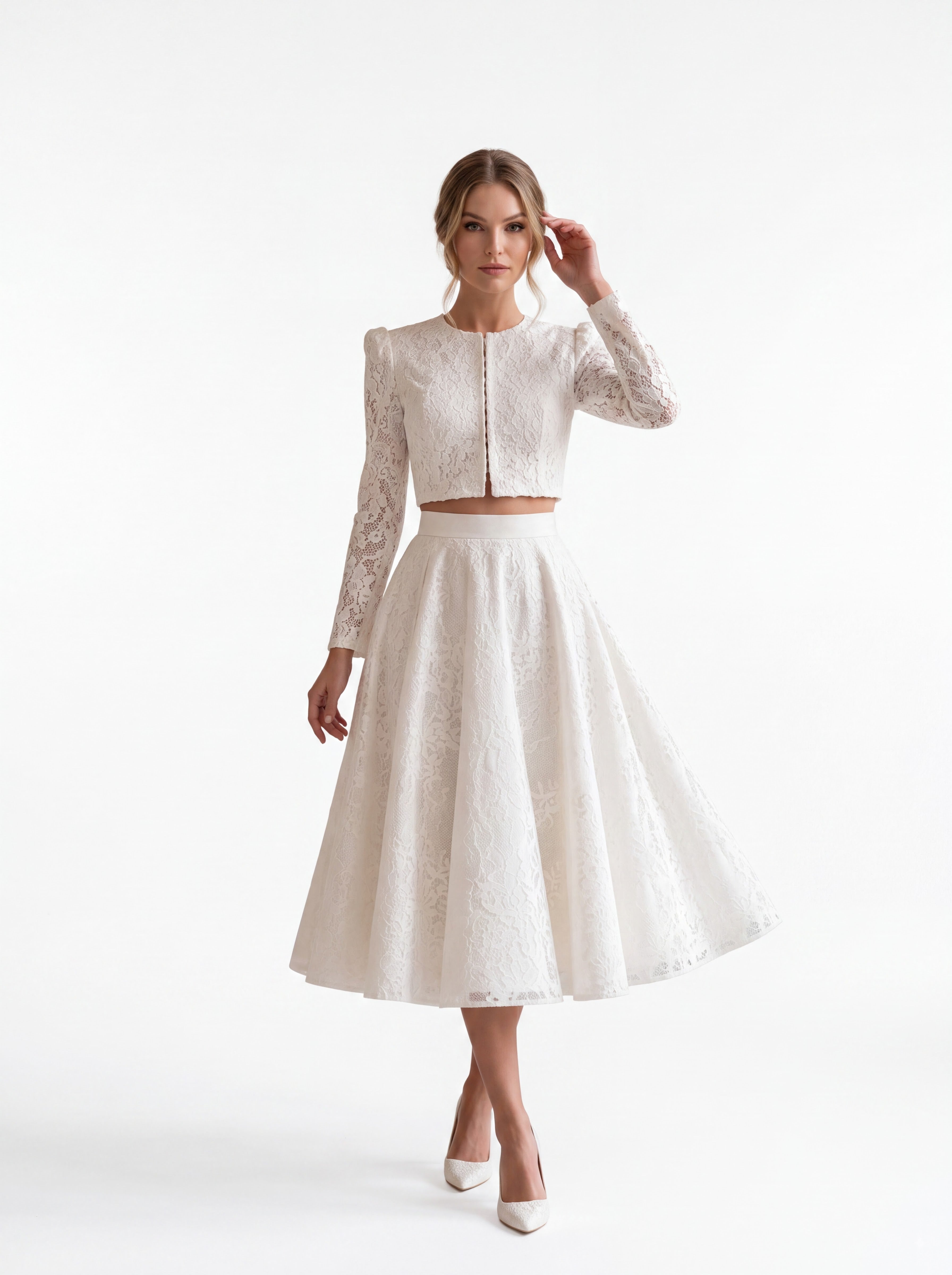 Ivory Lace Two-Piece Midi Dress Set