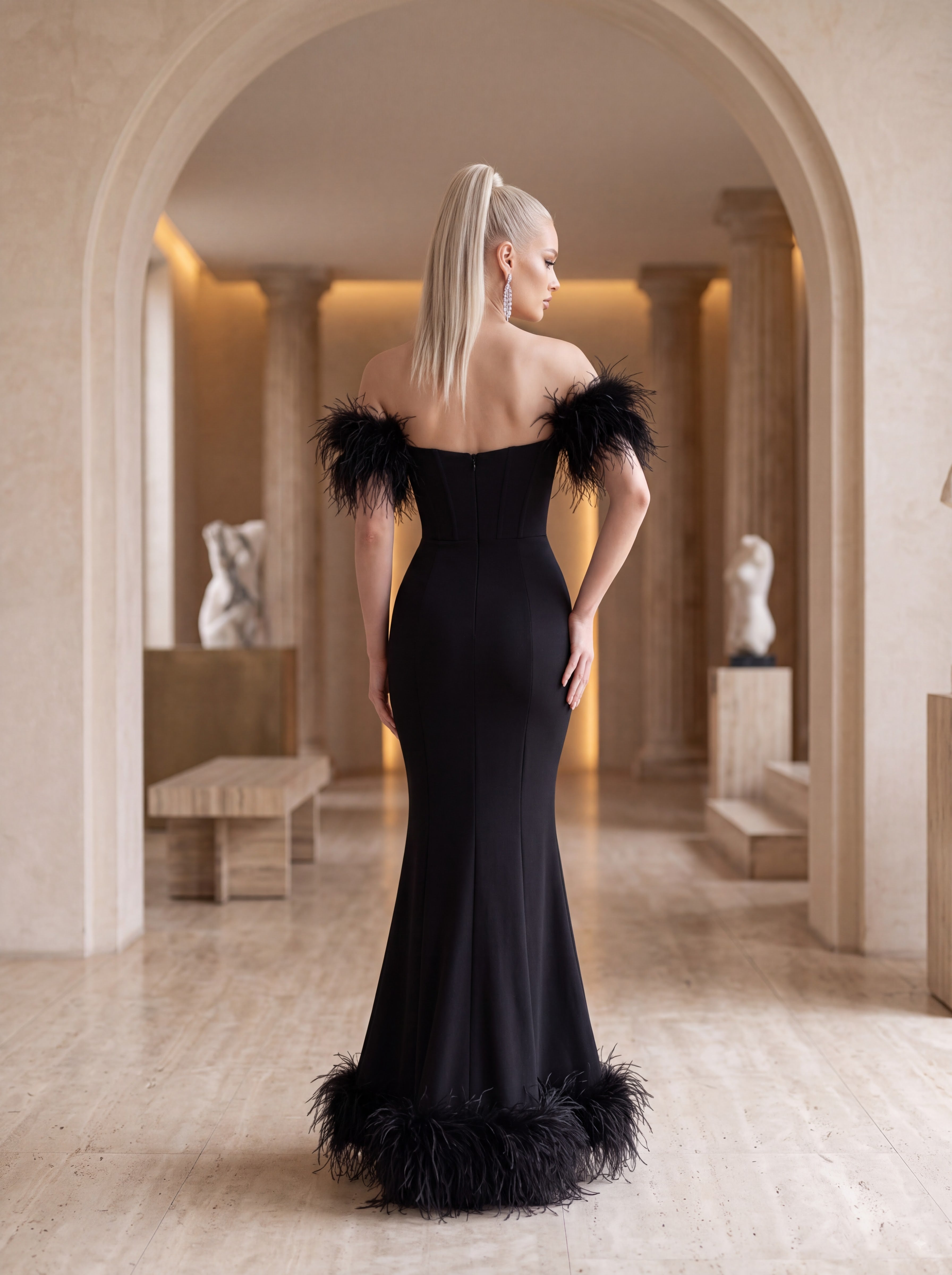 Black Feather Trim Mermaid Evening Gown