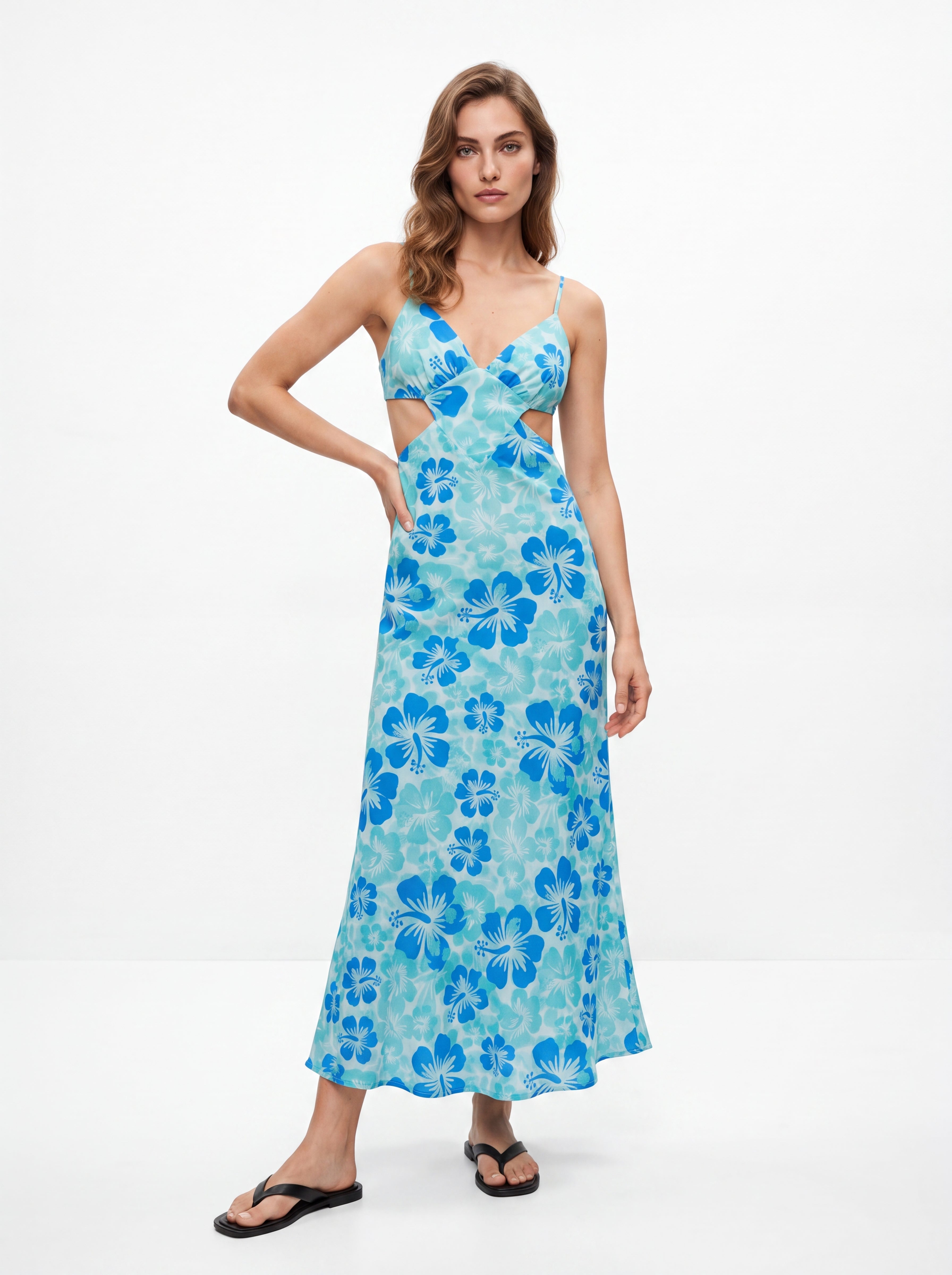 Women's Tropical Floral Cut-Out Maxi Dress – Blue