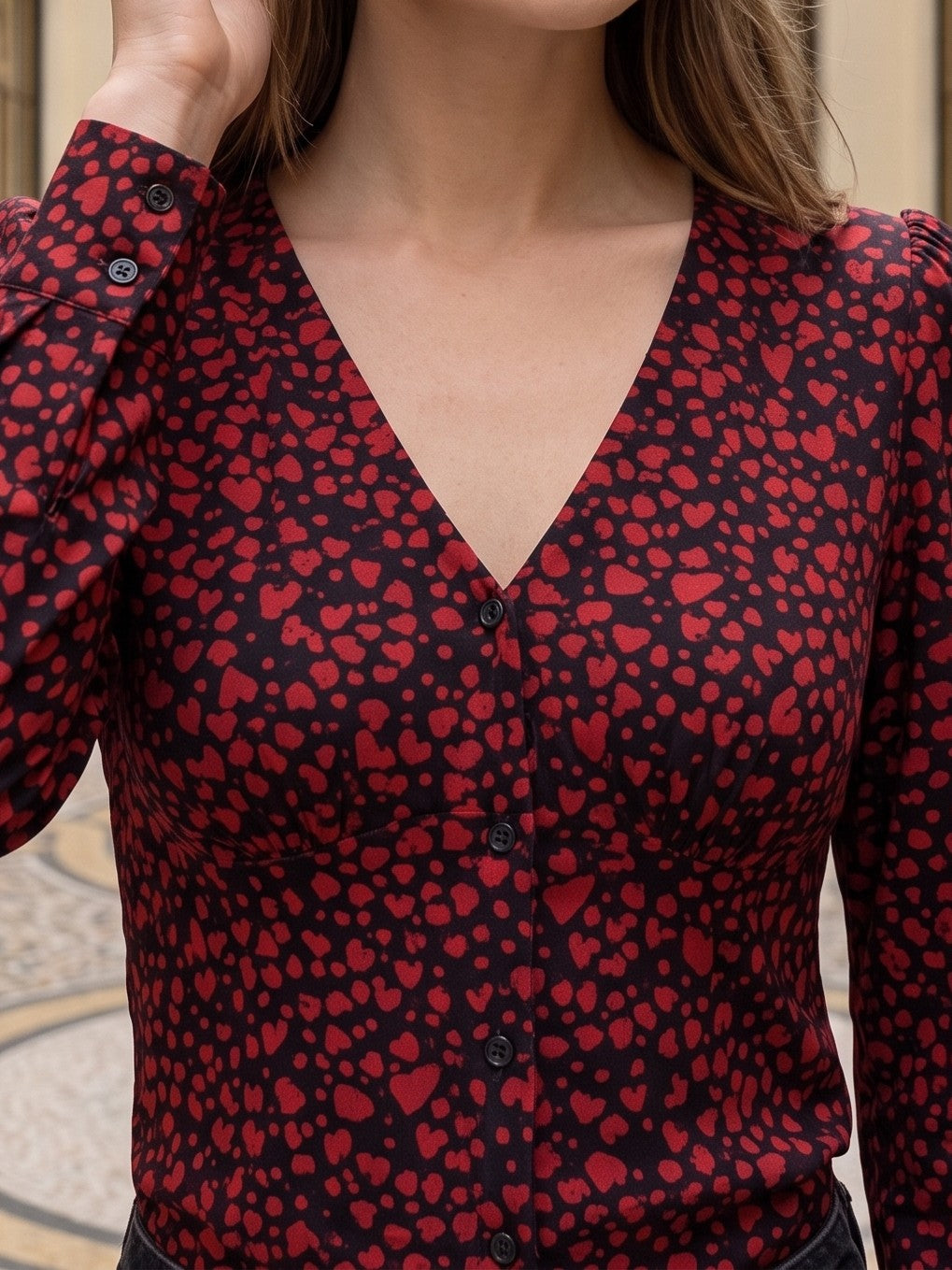 Women's Burgundy Floral V-Neck Long Sleeve Top | Premium European Fitted Blouse
