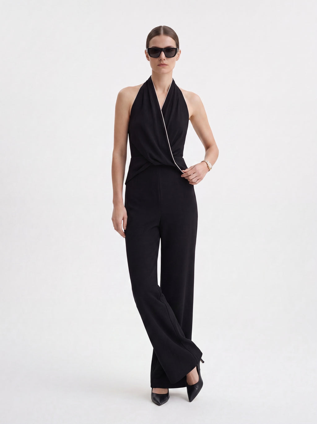Women's Draped Halter Neck Wide-Leg Jumpsuit – Black