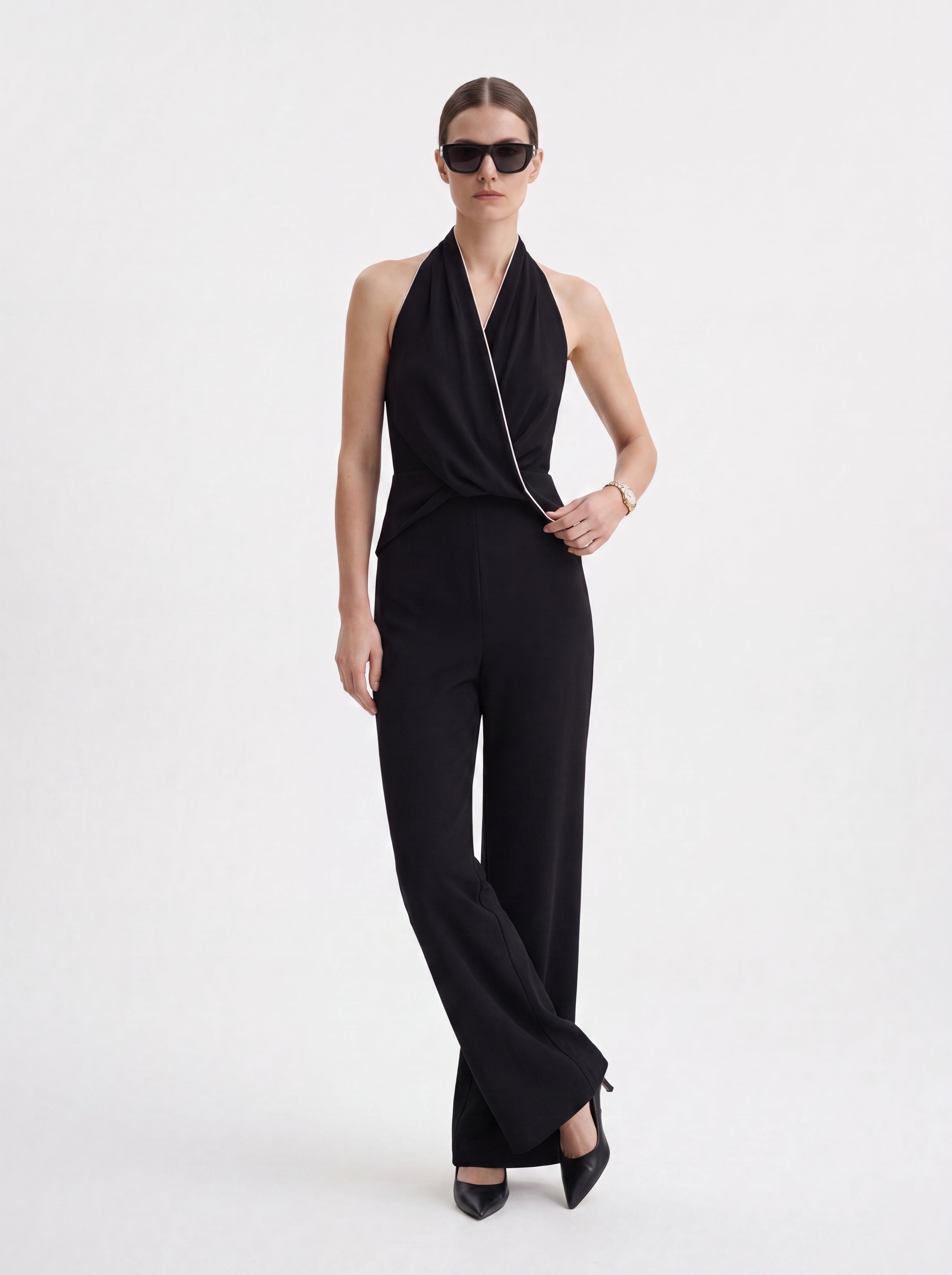 Women's Draped Halter Neck Wide-Leg Jumpsuit – Black