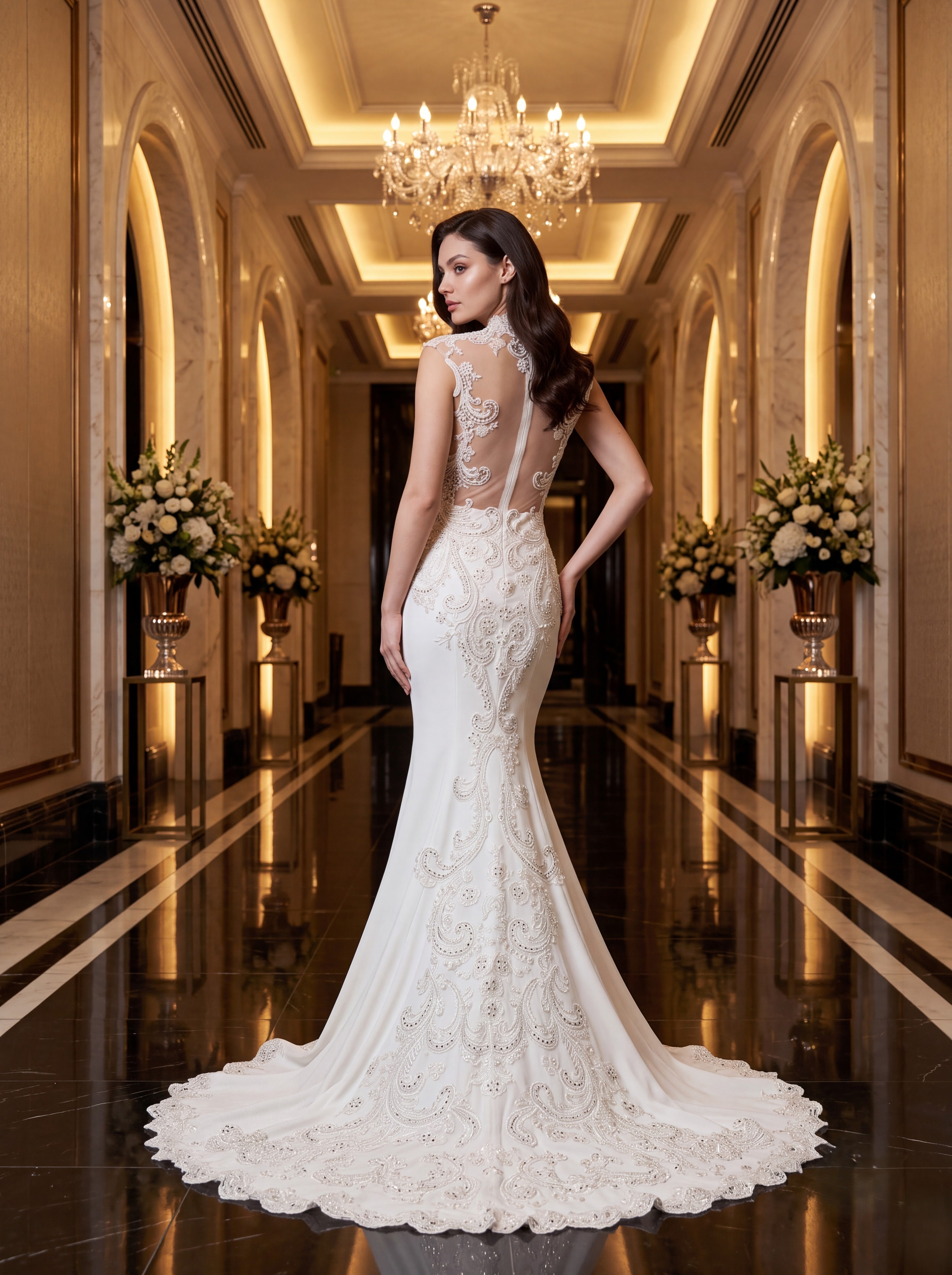 Ivory Embroidered Mermaid Evening Gown
