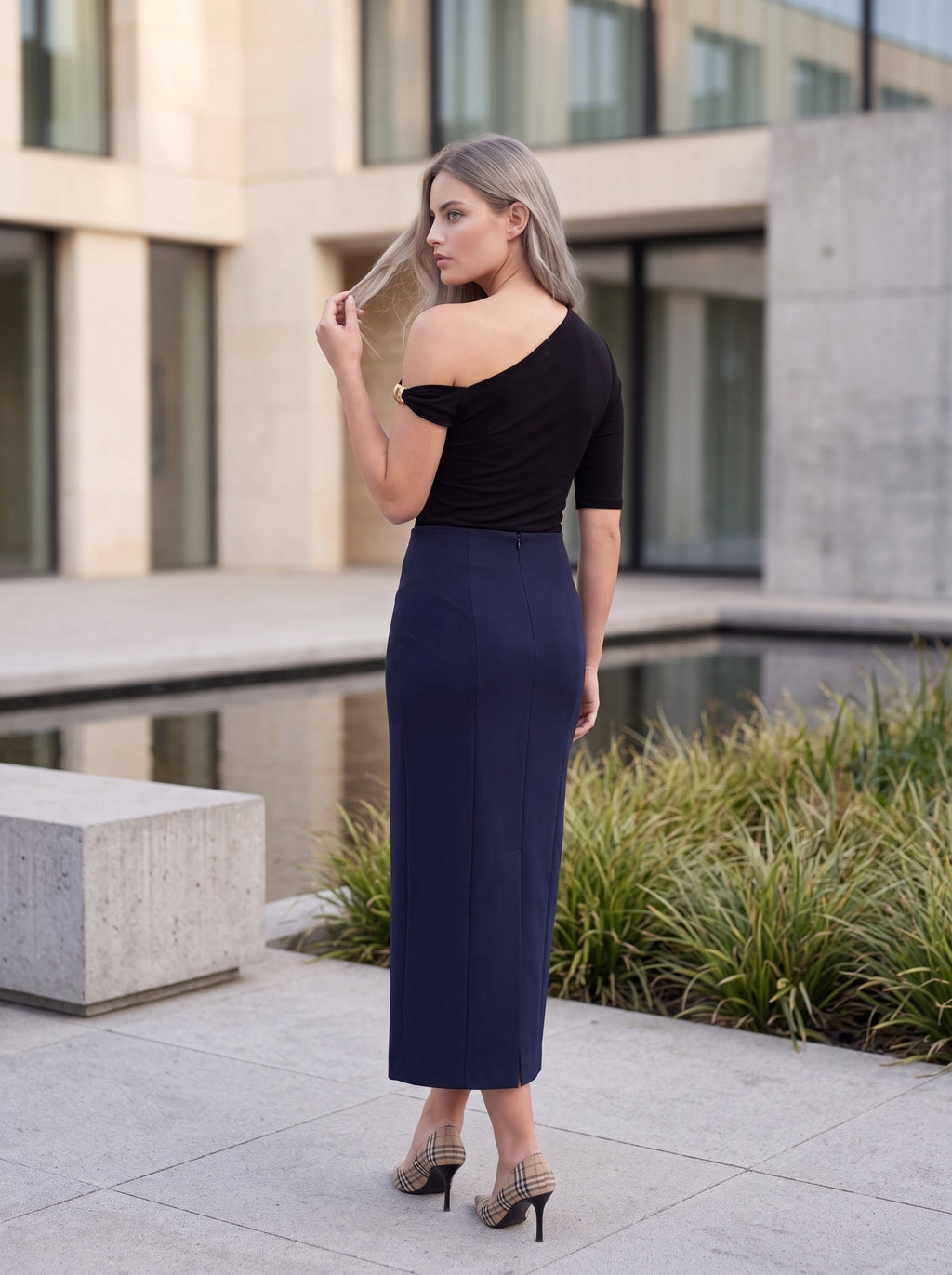 Women's Navy Gold Button Midi Skirt | Premium European Women's Elegant Pencil Skirt