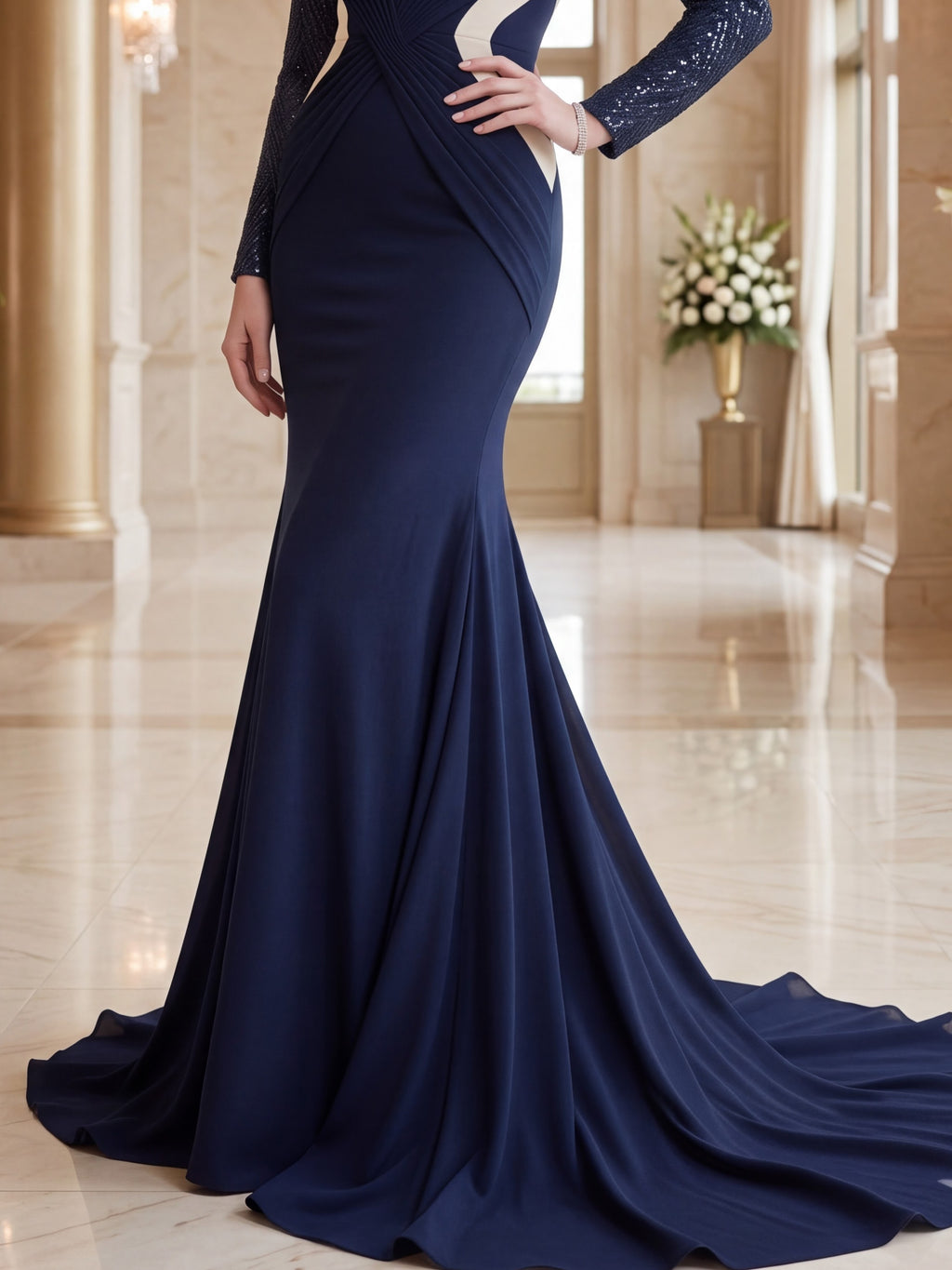 Navy Blue Long Sleeve Mermaid Evening Gown