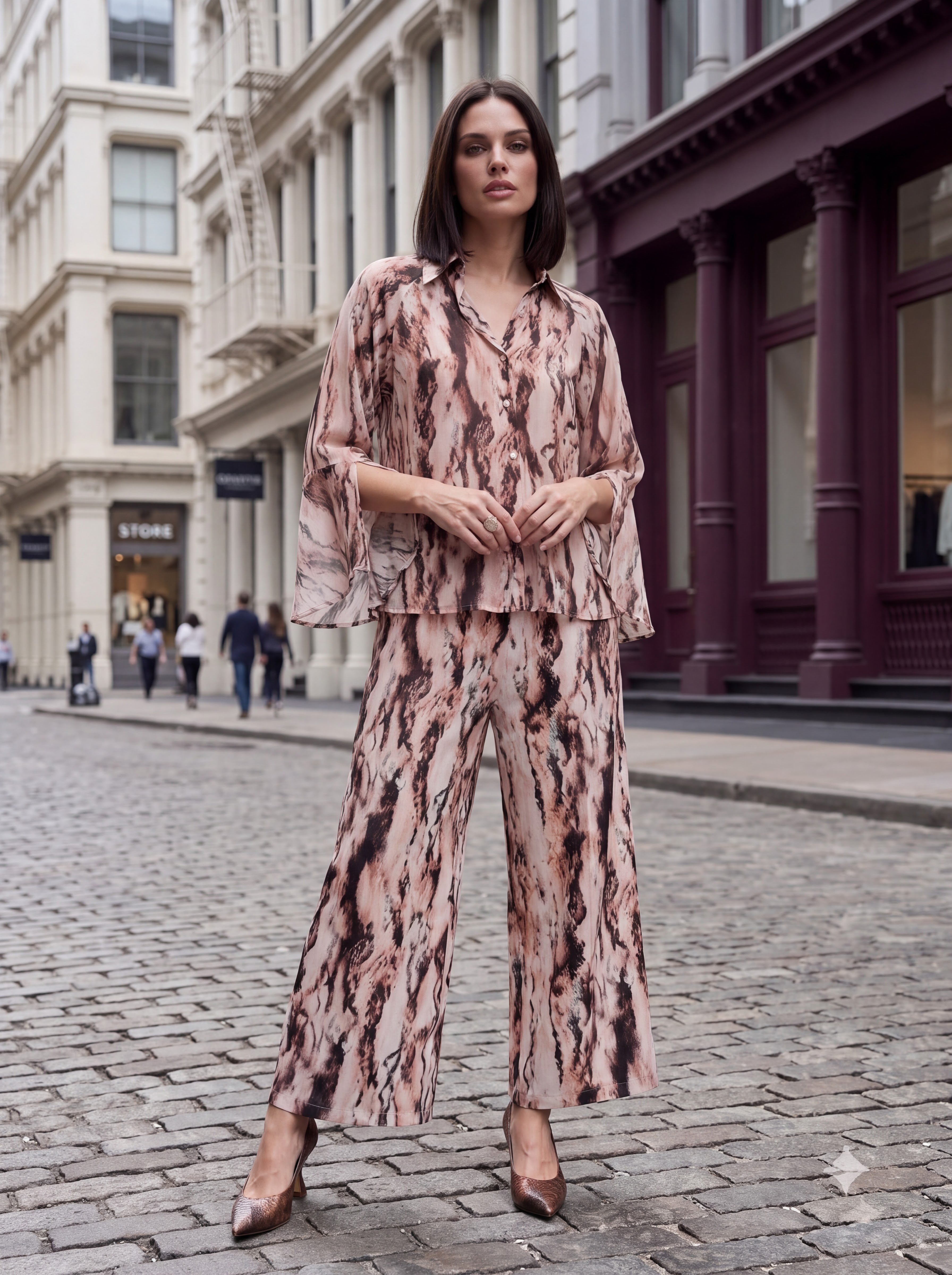 Women's Marble Print Pair Collection | Premium European Women's Printed Shirt & Wide-Leg Trouser Pair