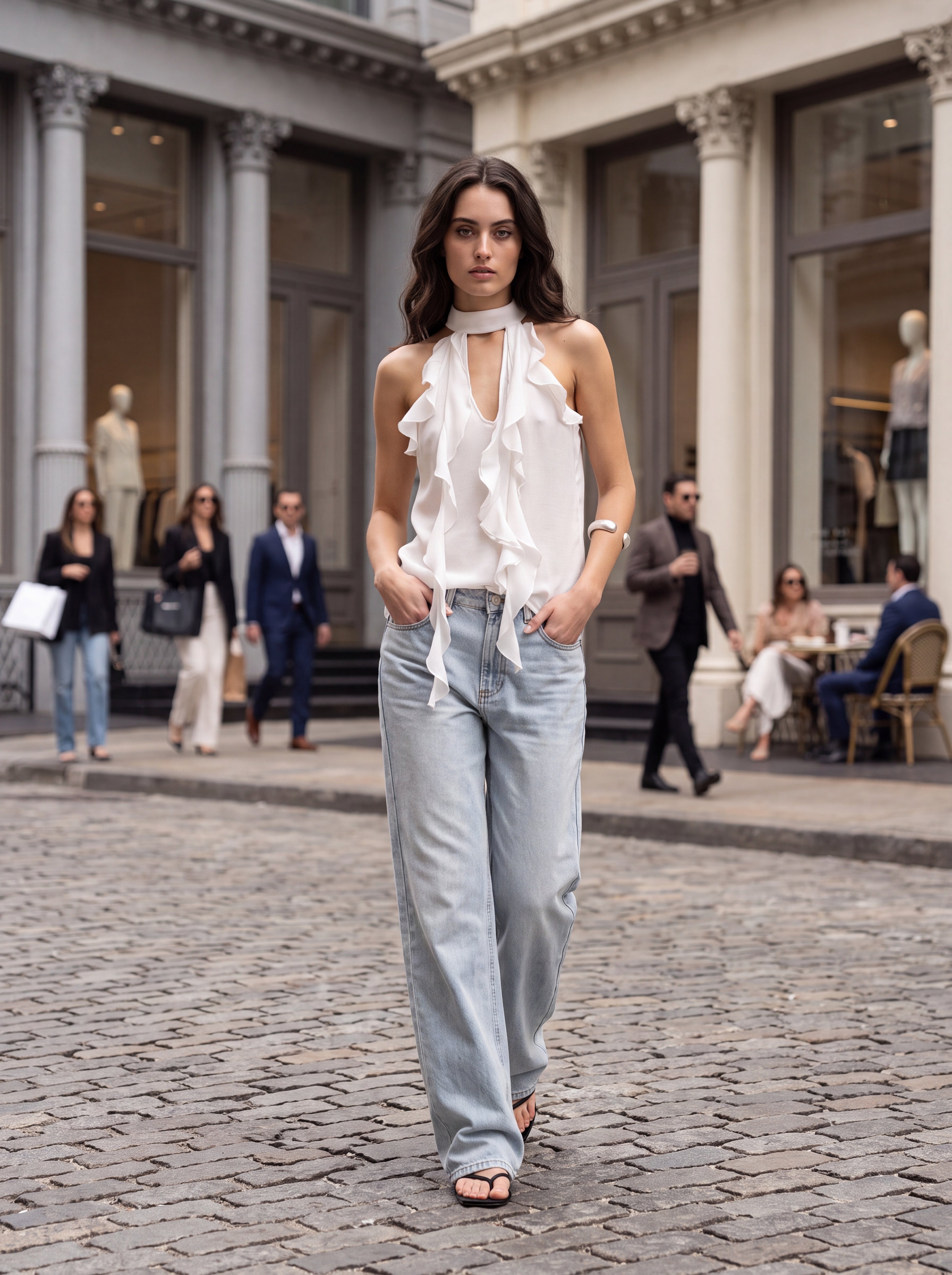 Women's White Ruffle Halter Neck Top | Elegant Sleeveless Chiffon Blouse