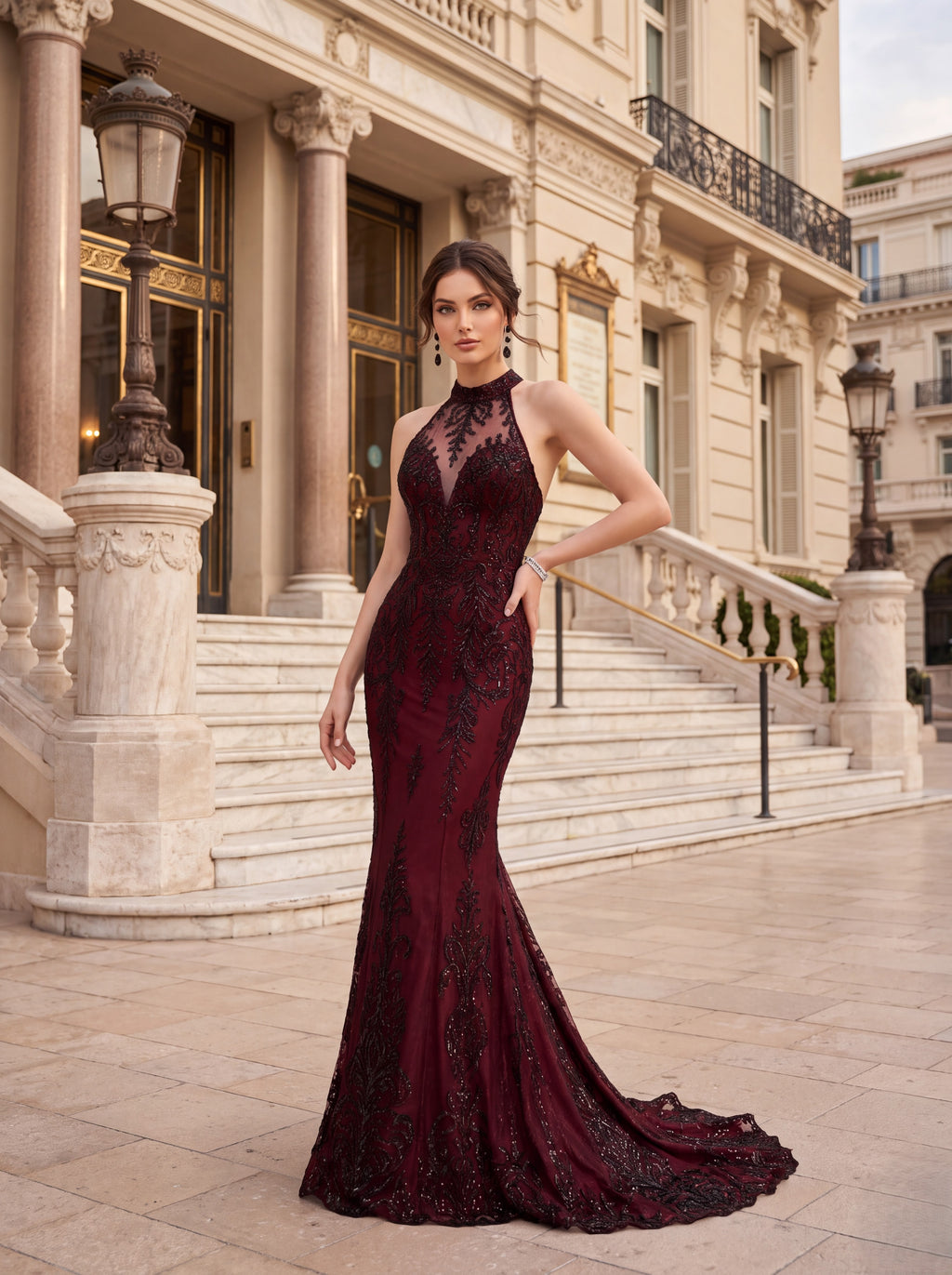 Burgundy Embellished Mermaid Evening Gown