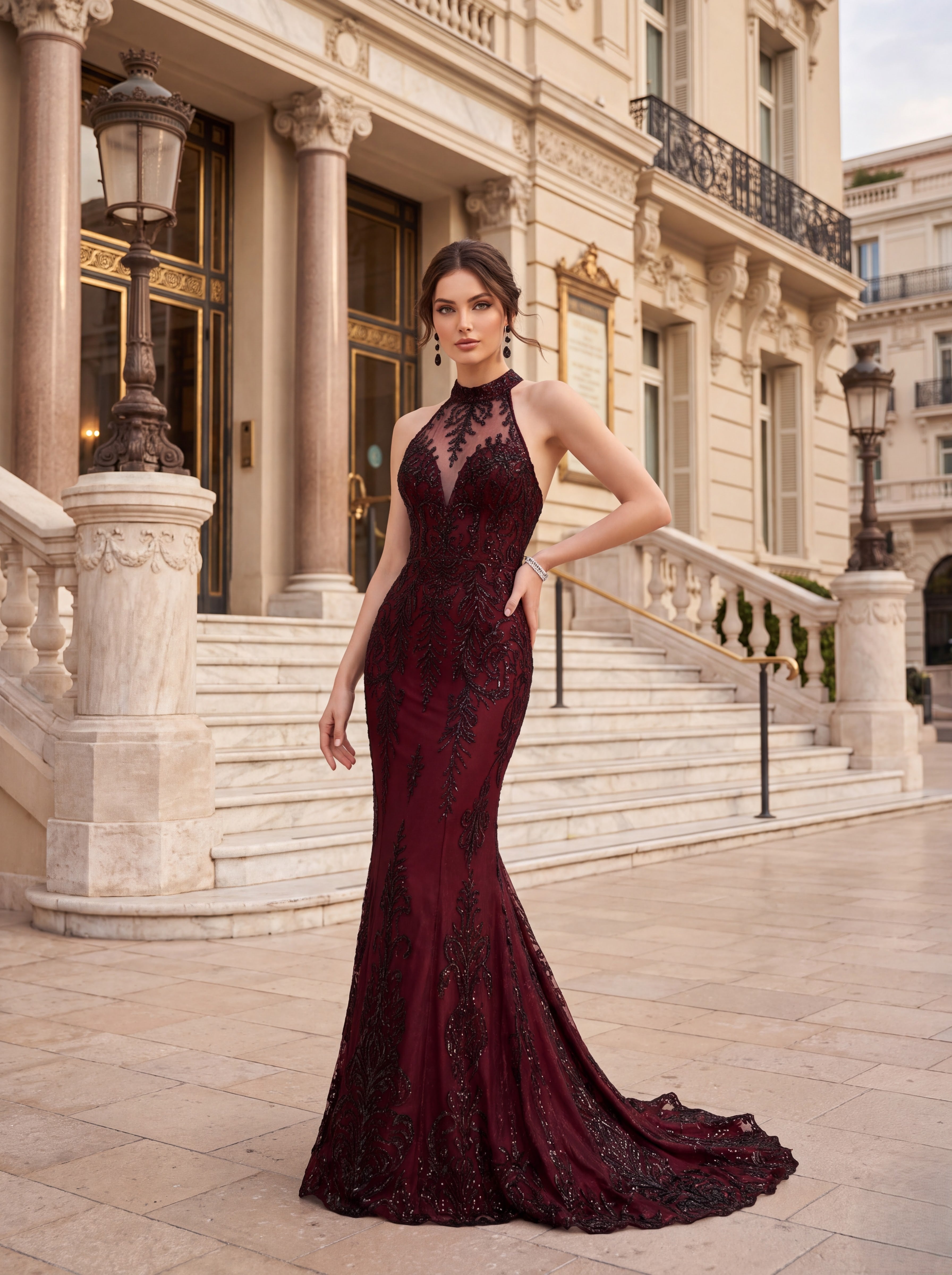 Burgundy Embellished Mermaid Evening Gown