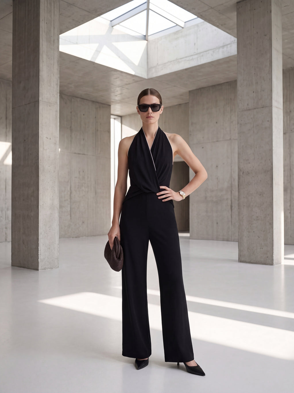 Women's Draped Halter Neck Wide-Leg Jumpsuit – Black