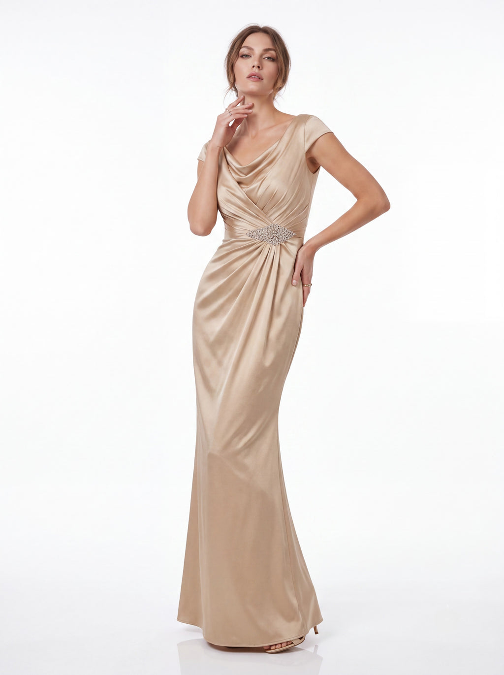 Champagne Satin Draped Evening Gown