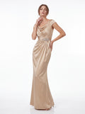 Champagne Satin Draped Evening Gown