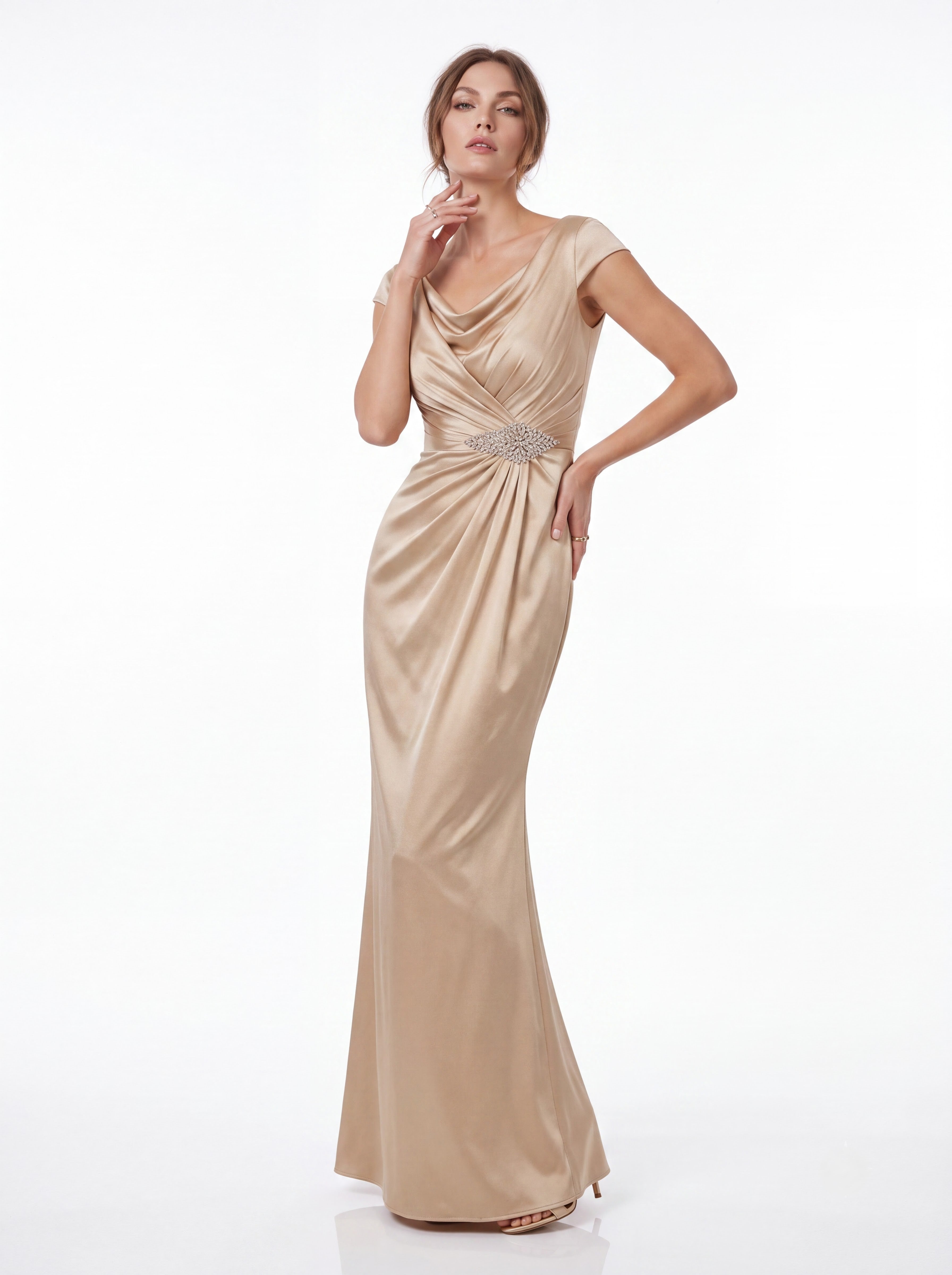 Champagne Satin Draped Evening Gown