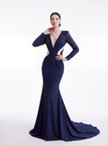 Navy Blue Long Sleeve Mermaid Evening Gown