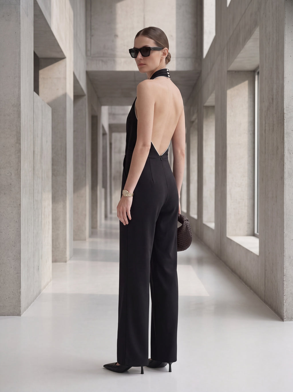 Women's Draped Halter Neck Wide-Leg Jumpsuit – Black