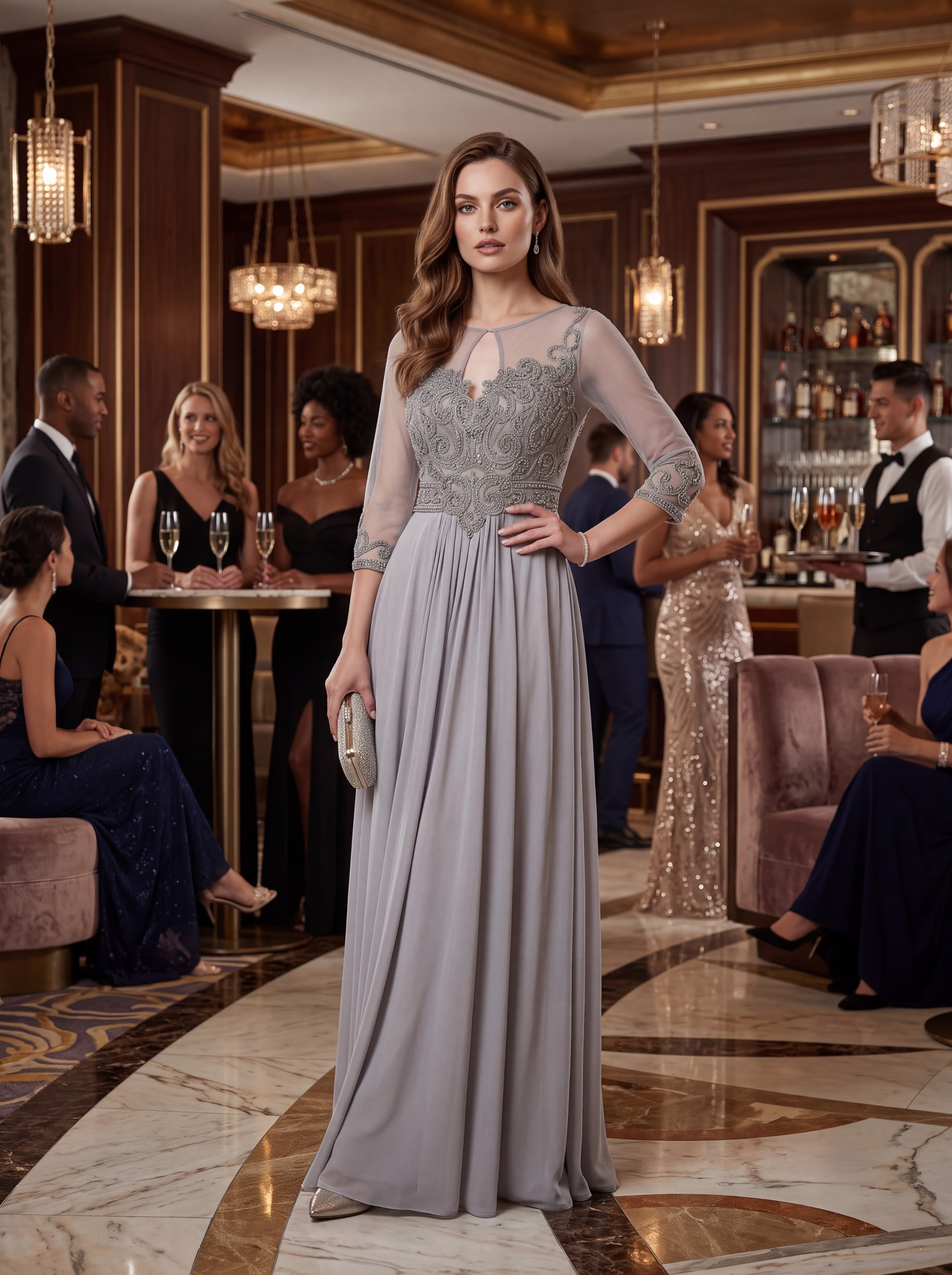 Silver Grey Embroidered Chiffon Maxi Dress