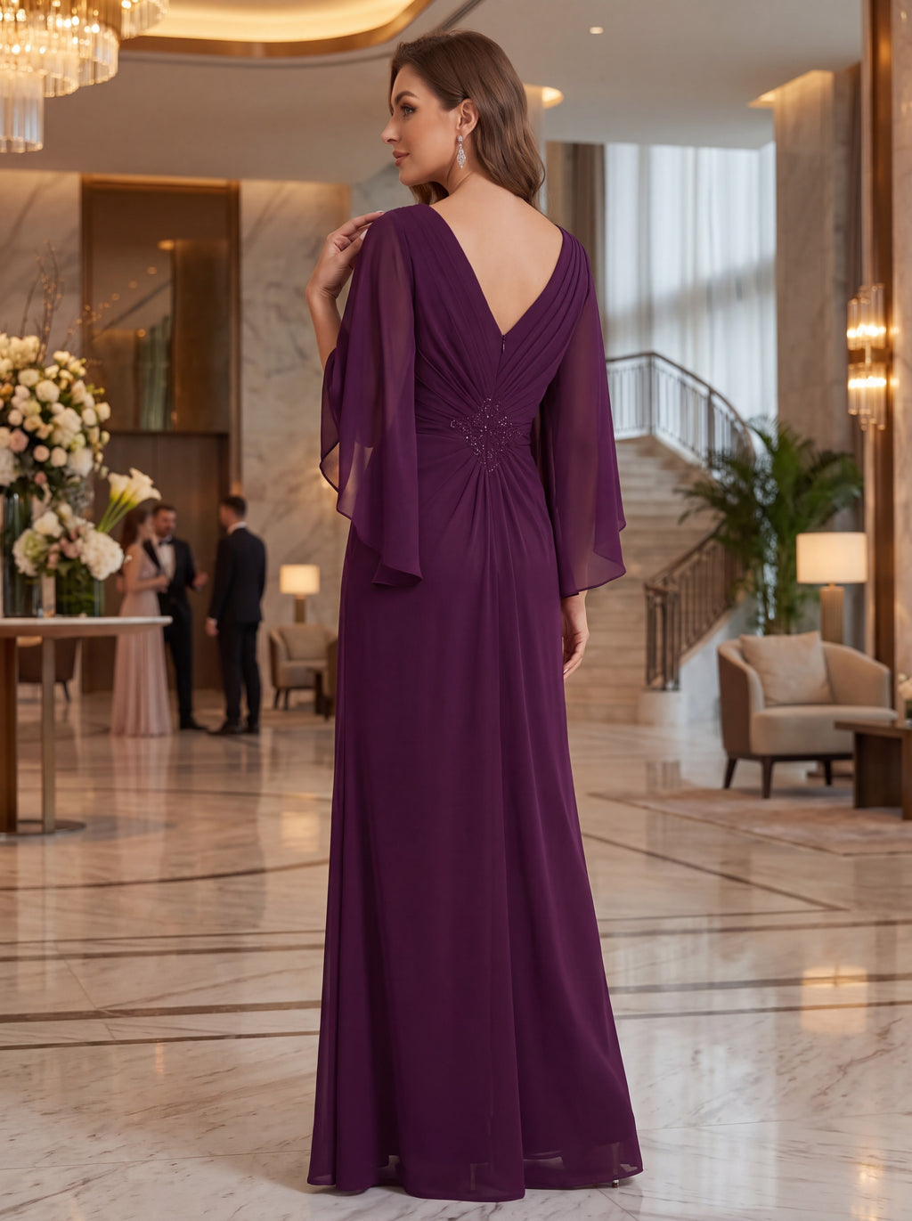Plum Chiffon Cape Sleeve Evening Gown