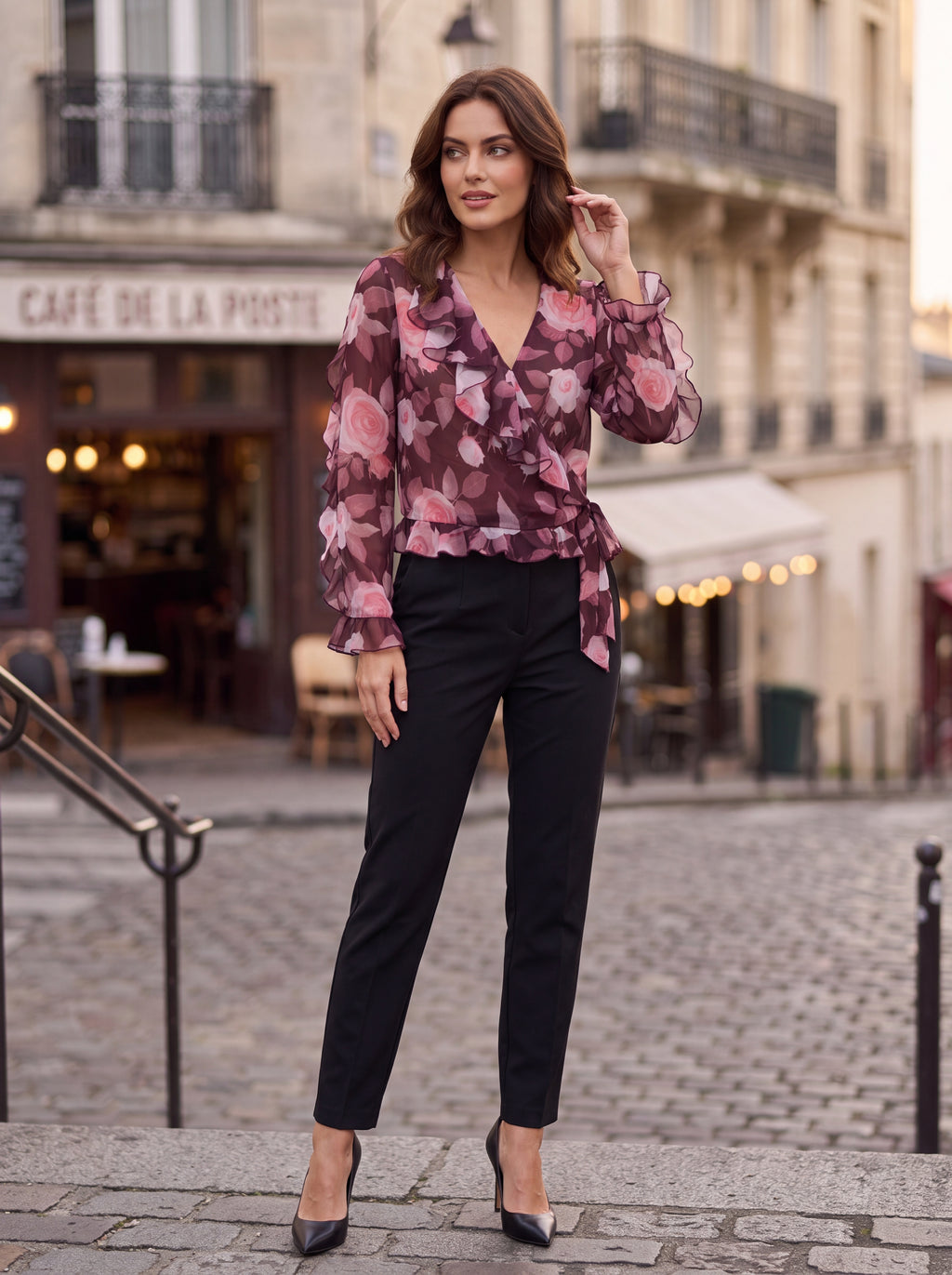Women's Floral Ruffle Wrap Top | Premium European Sheer Blouse