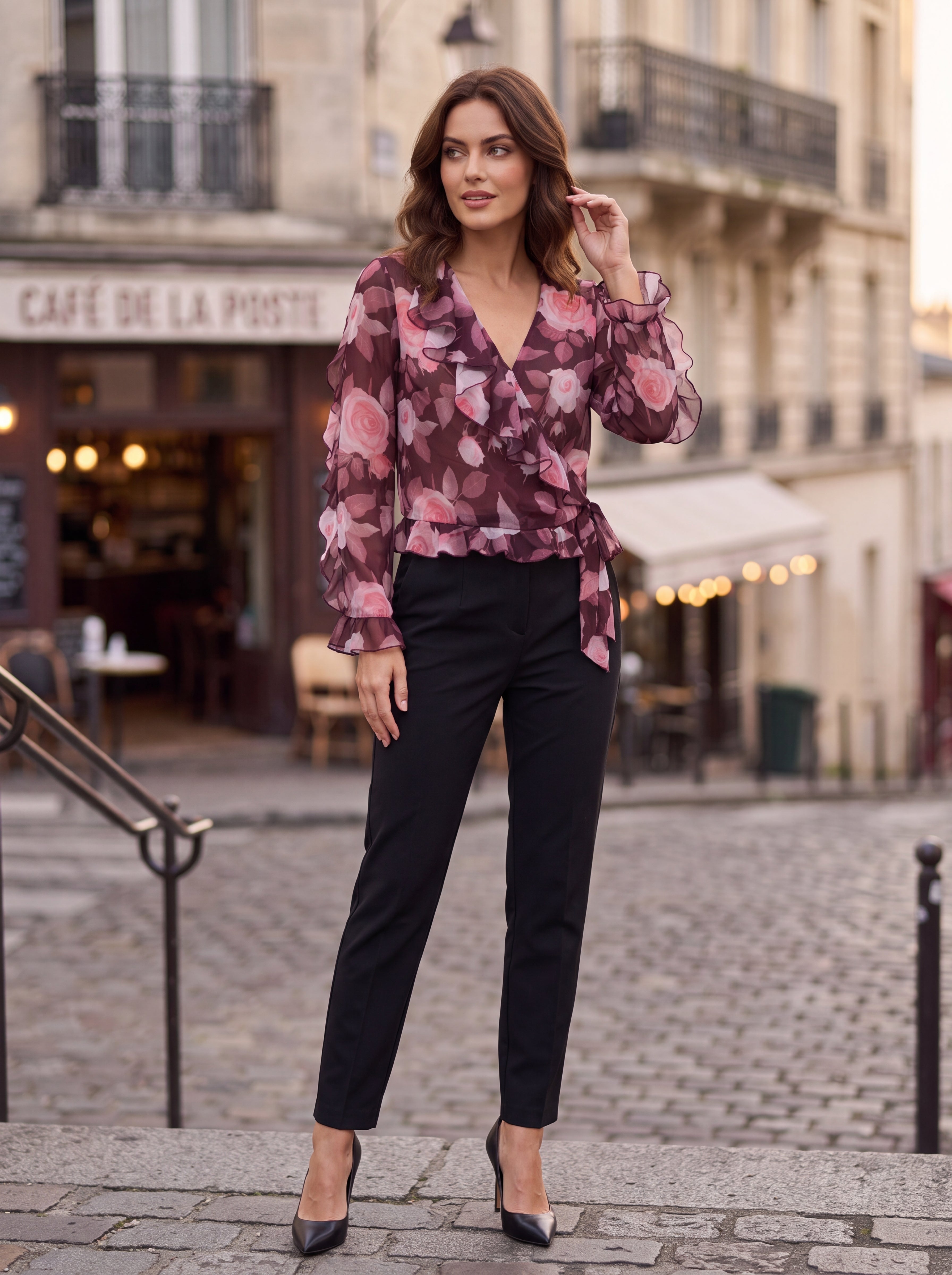 Women's Floral Ruffle Wrap Top | Premium European Sheer Blouse