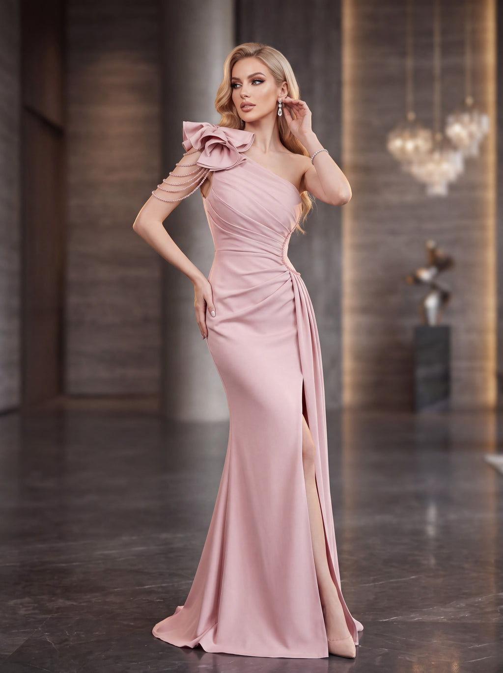 Blush Pink One-Shoulder Evening Gown