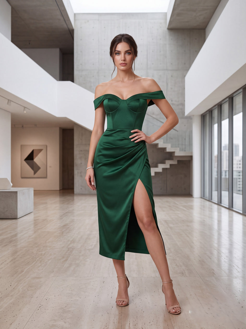 Emerald Green Off-Shoulder Satin Midi Dress