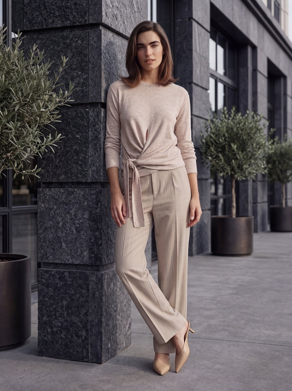 Women's Beige Tie-Front Knit Top – Elegant Long Sleeve European Wrap Style Top