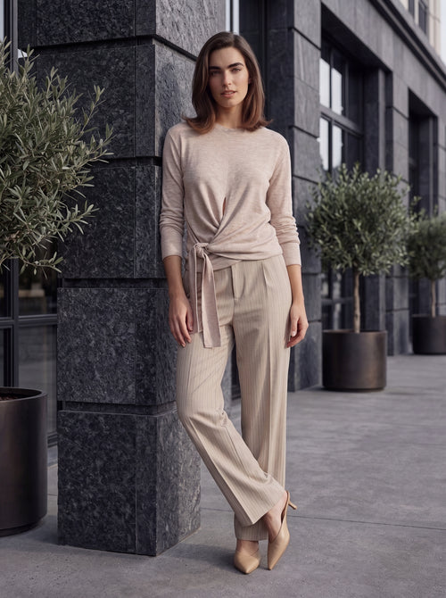 Women's Beige Tie-Front Knit Top – Elegant Long Sleeve European Wrap Style Top