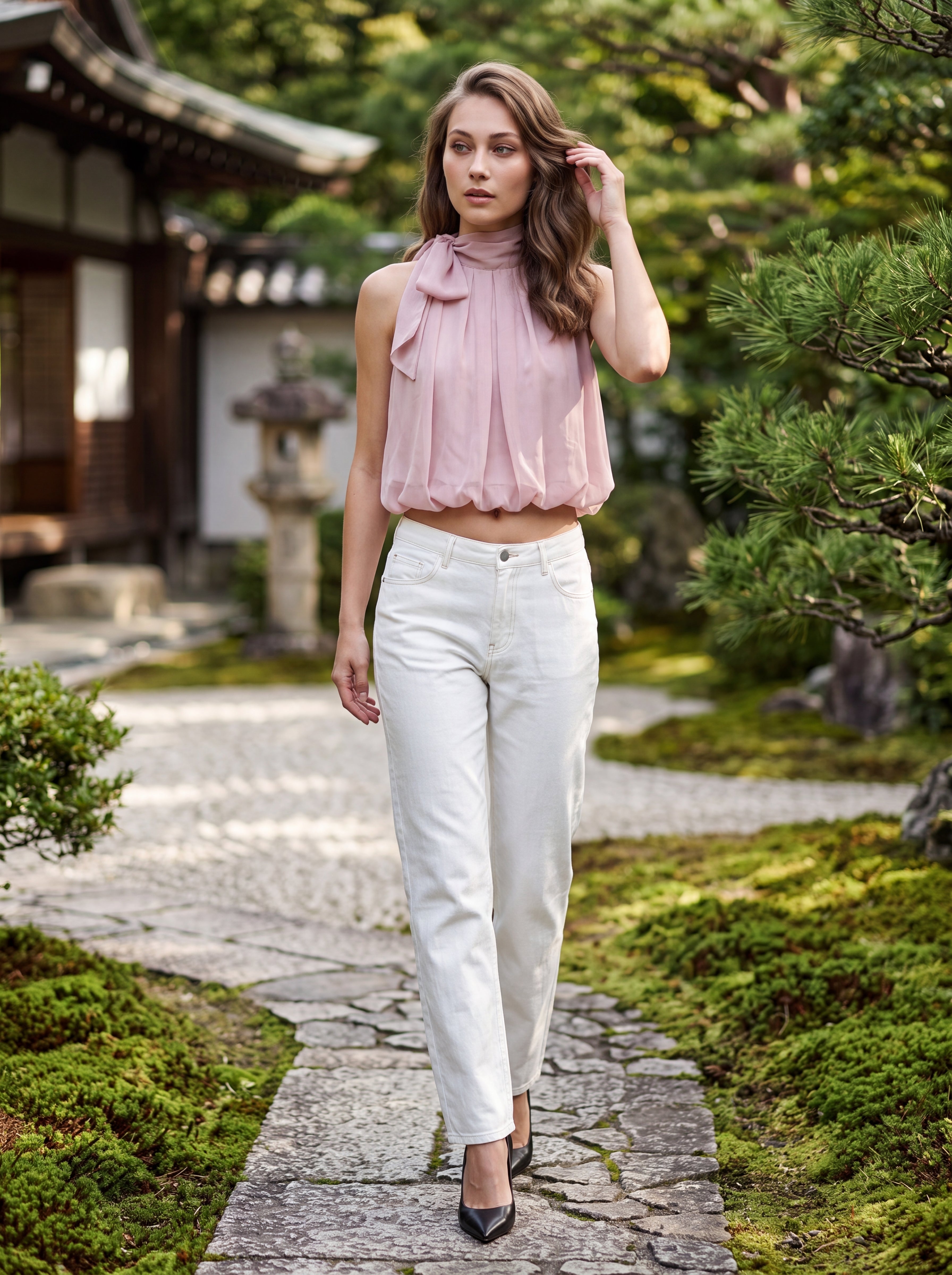 Women's Blush Pink Bow Neck Sleeveless Top | Premium European Women's Elegant Blouse
