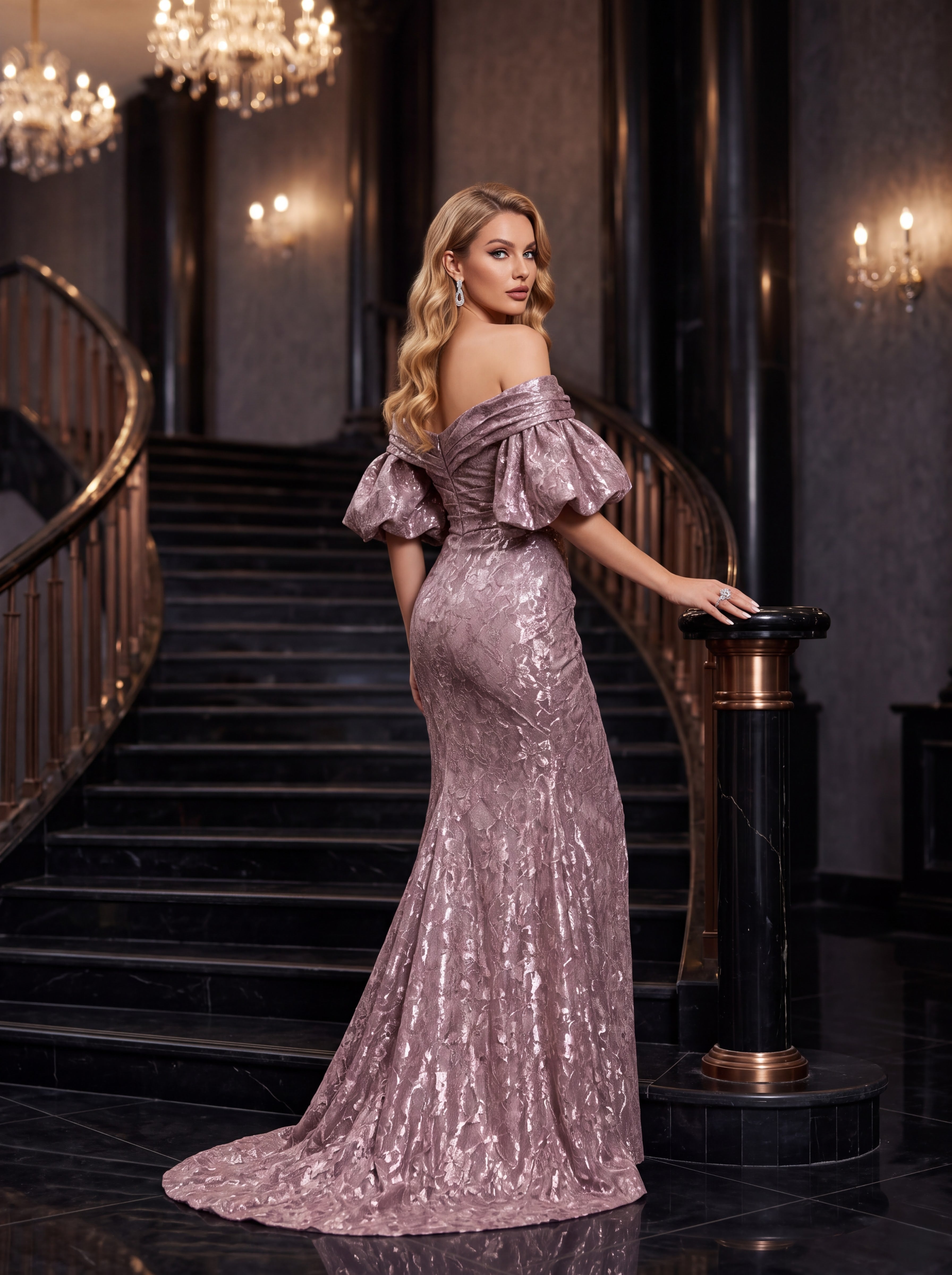 Rose Gold Off-Shoulder Metallic Mermaid Evening Gown