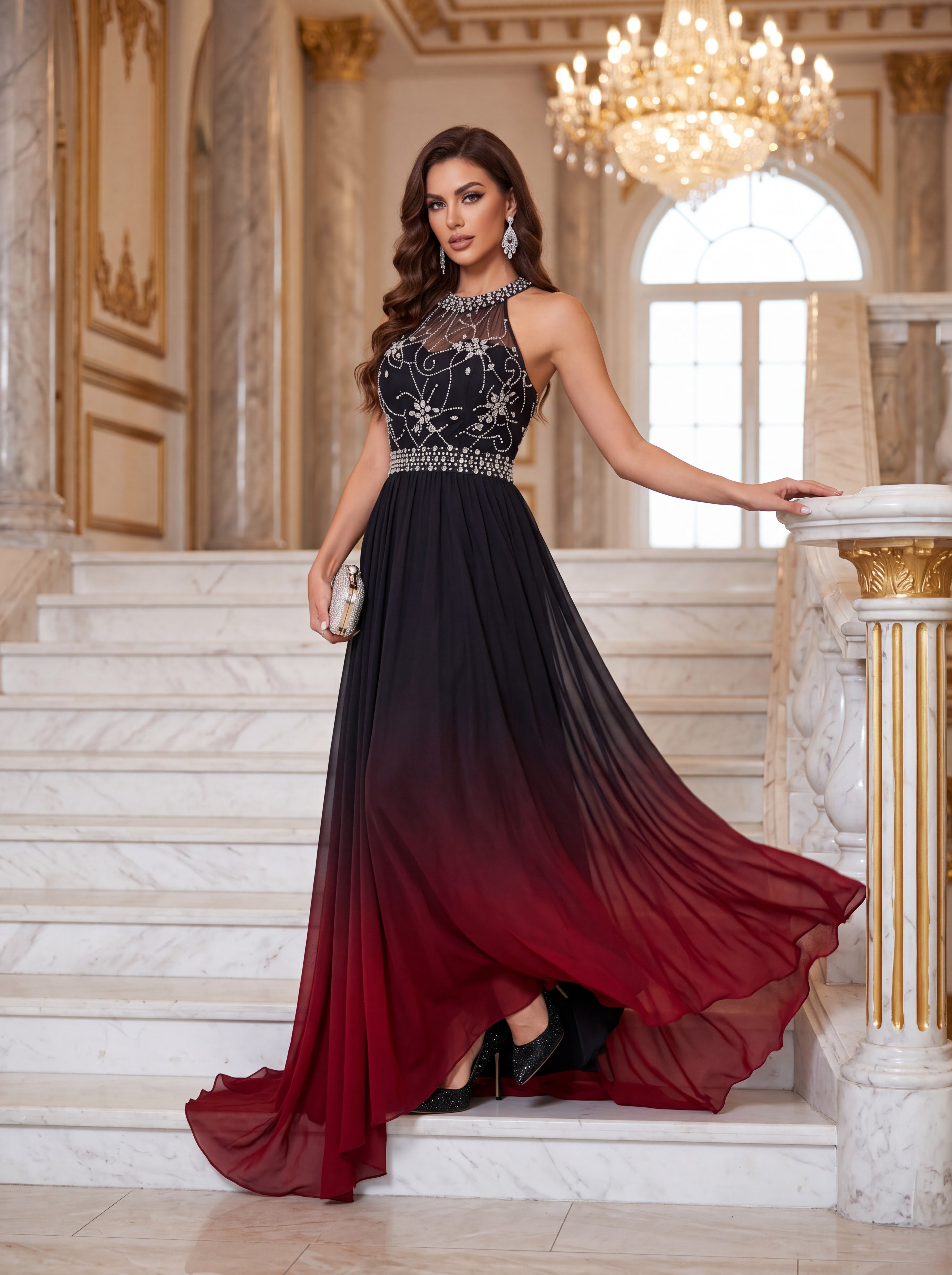 Ombre Embellished Chiffon Evening Gown