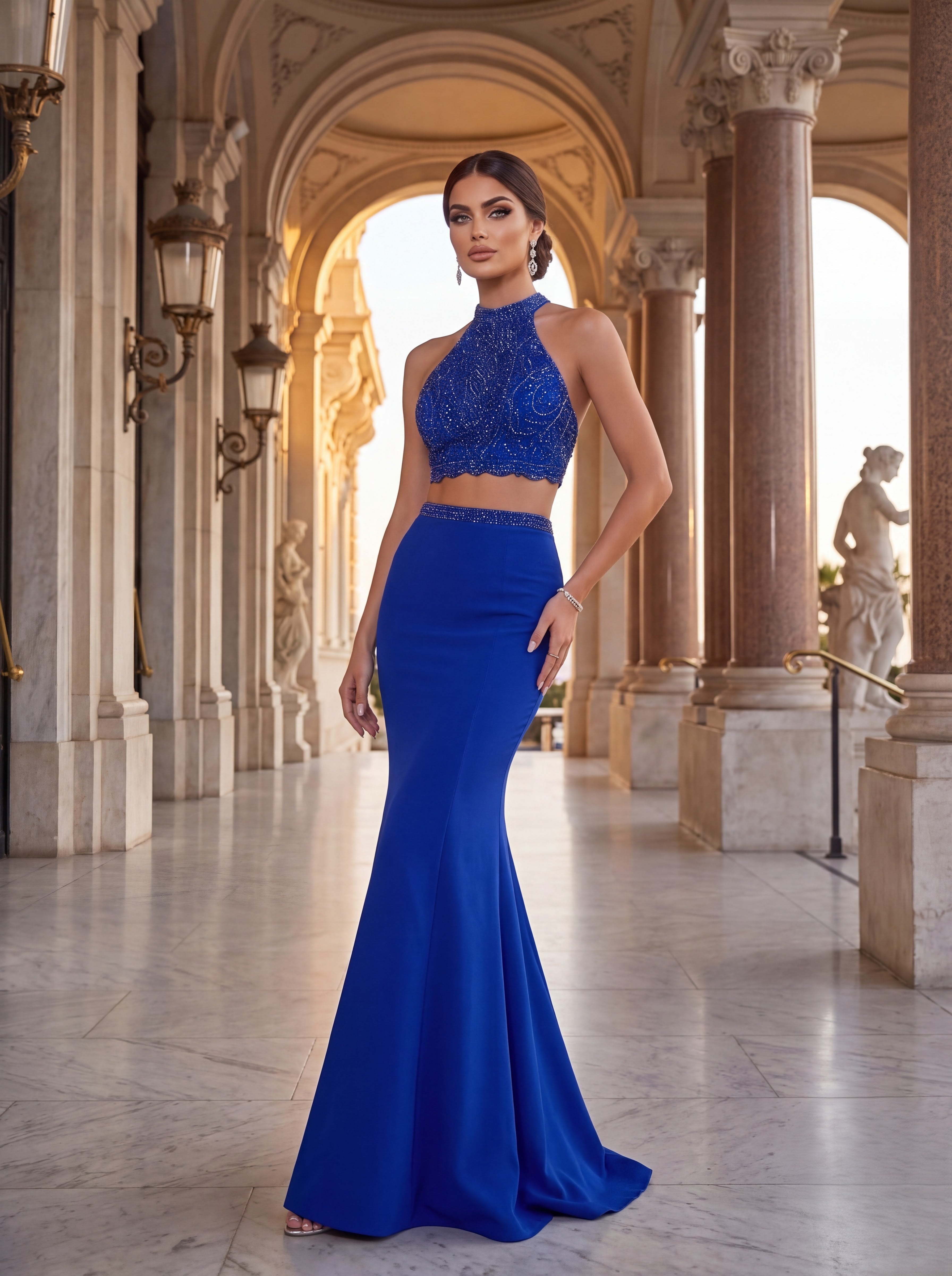 Royal Blue Embellished Two Piece Mermaid Evening Gown
