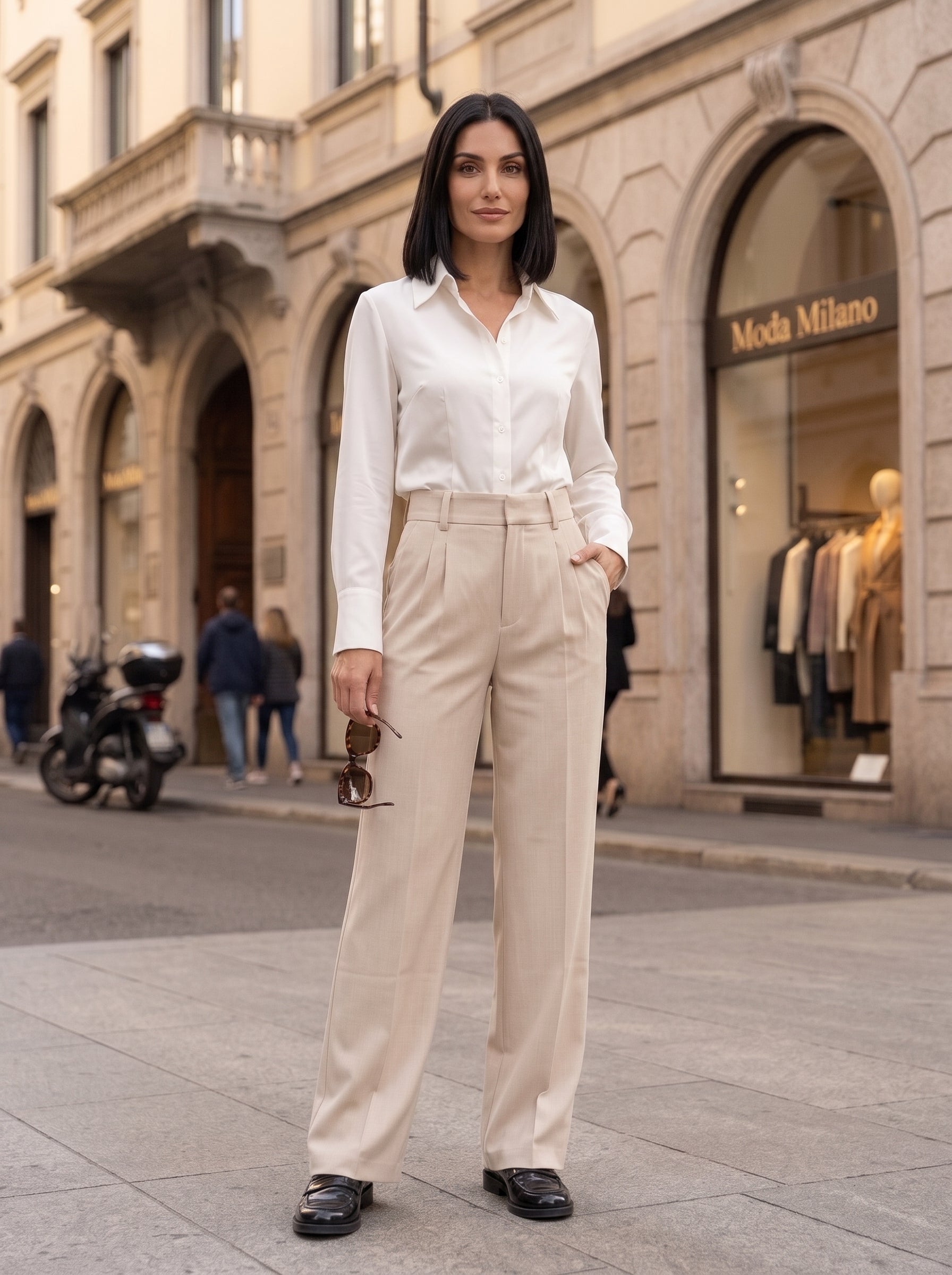 Women's Beige High-Waisted Wide-Leg Tailored Trousers – Premium European Formal Office Pants