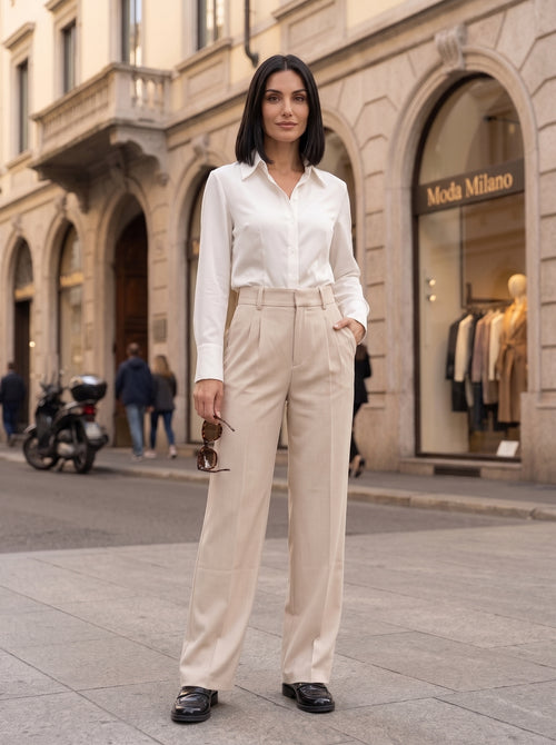 Women's Beige High-Waisted Wide-Leg Tailored Trousers – Premium European Formal Office Pants
