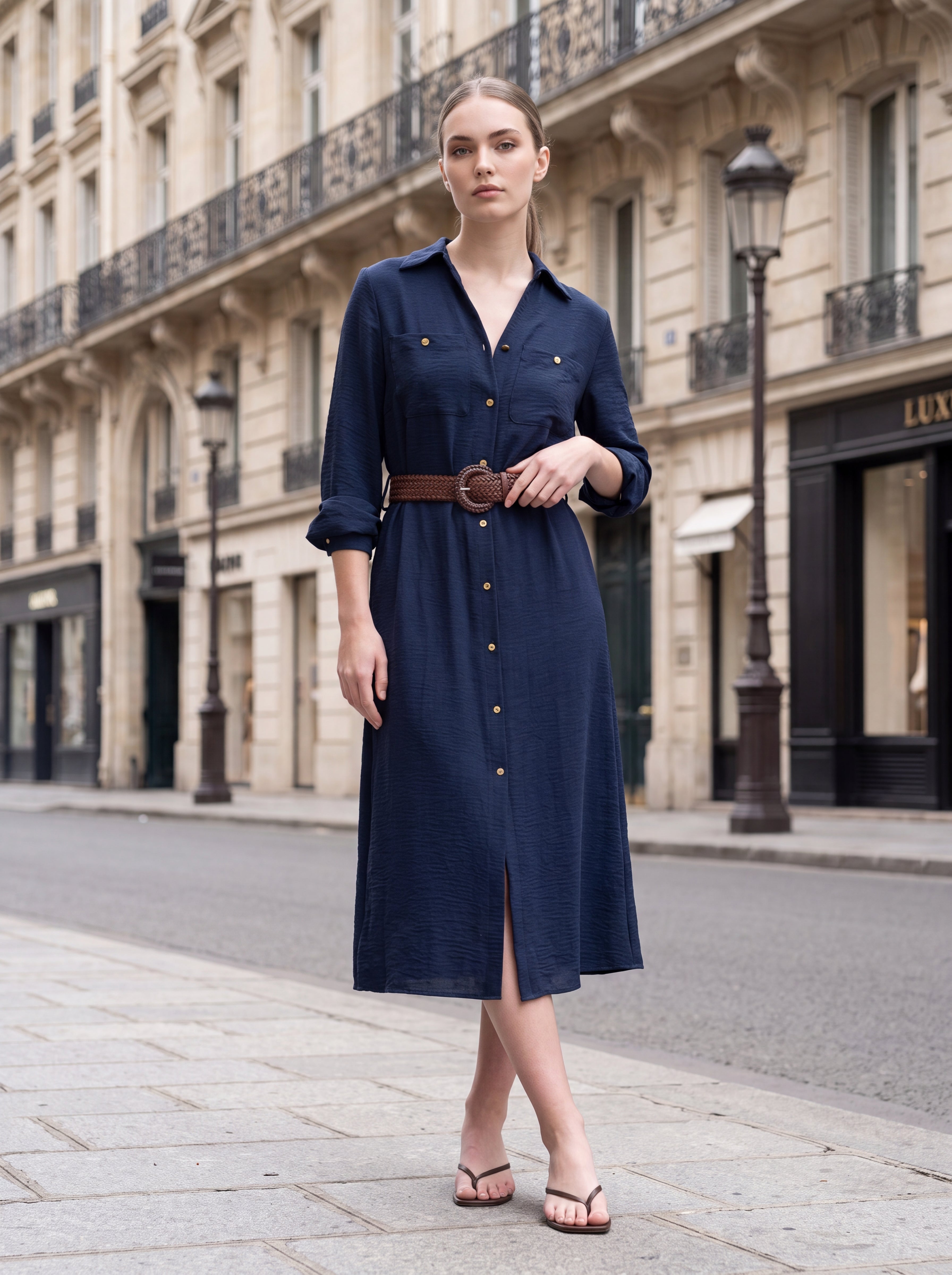 Women's Navy Button-Front Shirt Midi Dress with Belt