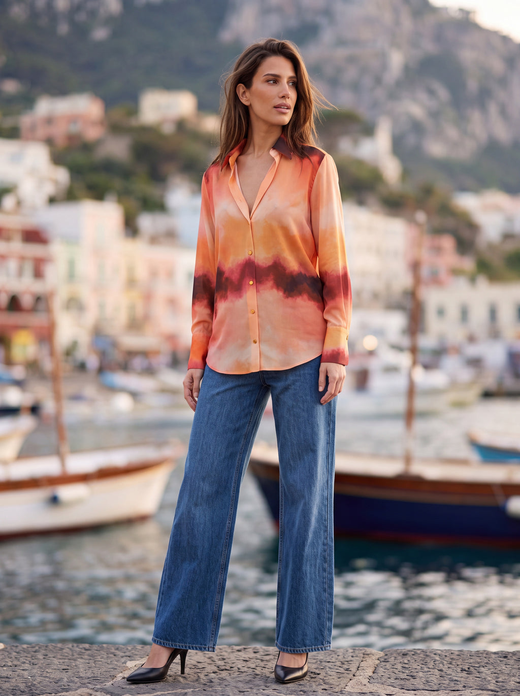 Women's Sunset Watercolor Print Shirt | Premium European Designer Long Sleeve Shirt