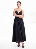 Women's Black Smocked Waist Maxi Dress – Elegant Sleeveless Cotton Midi Dress