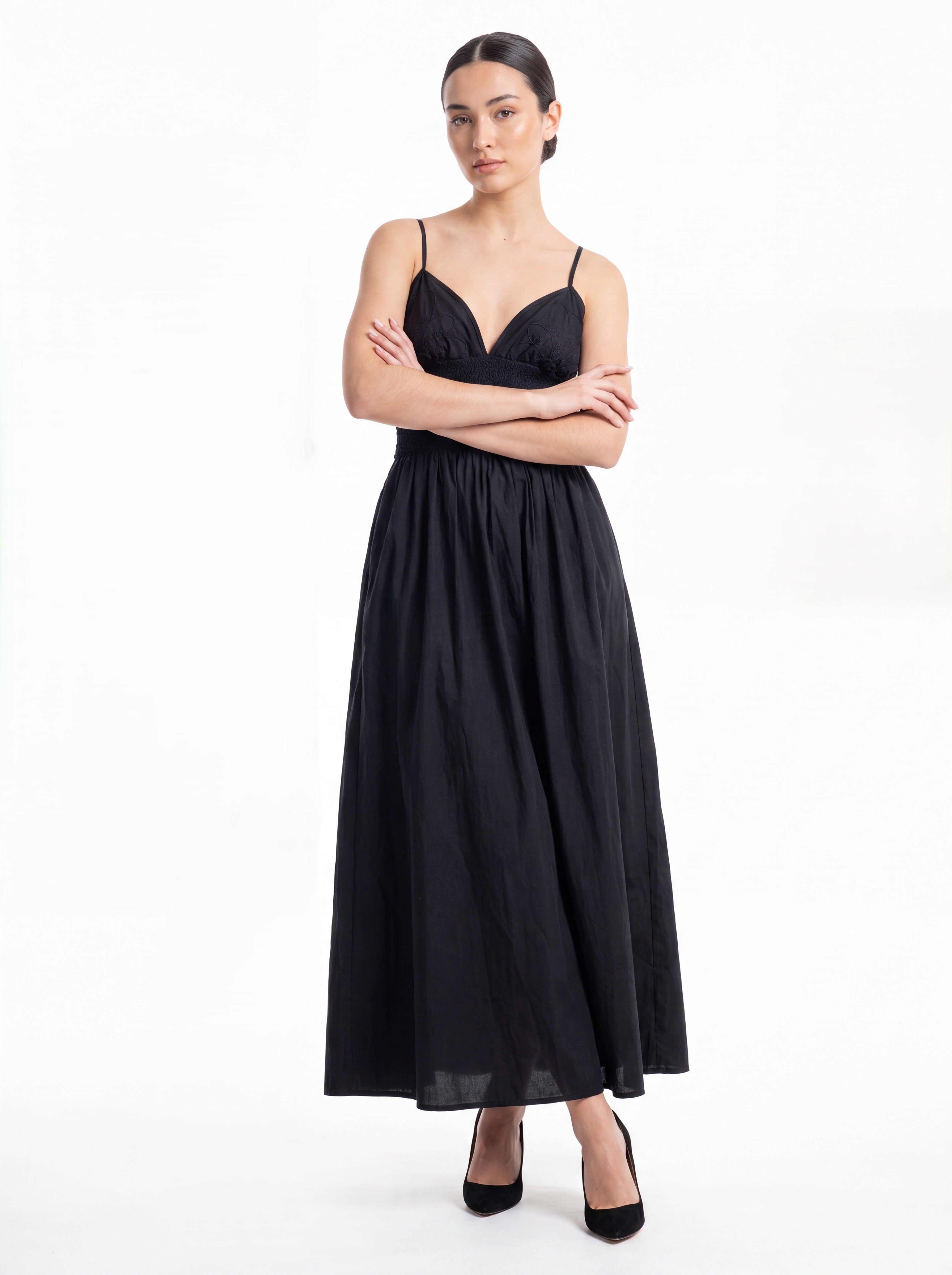 Women's Black Smocked Waist Maxi Dress – Elegant Sleeveless Cotton Midi Dress