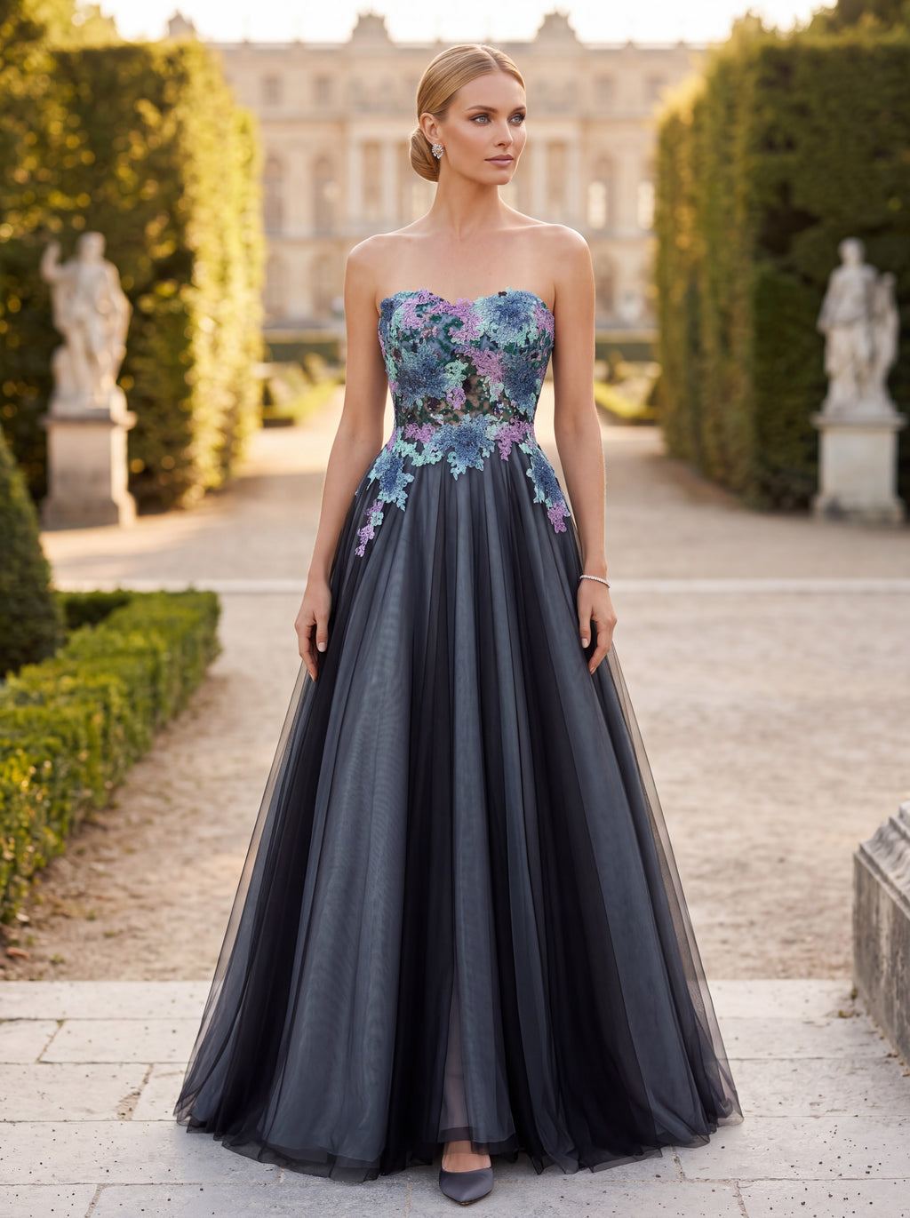 Charcoal Grey Floral Strapless Ball Gown