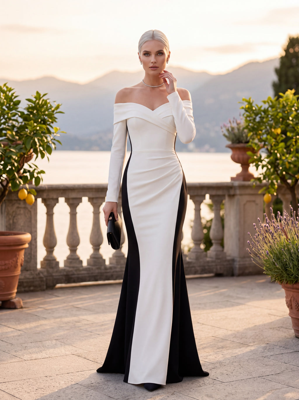 White & Black Off-Shoulder Mermaid Evening Gown