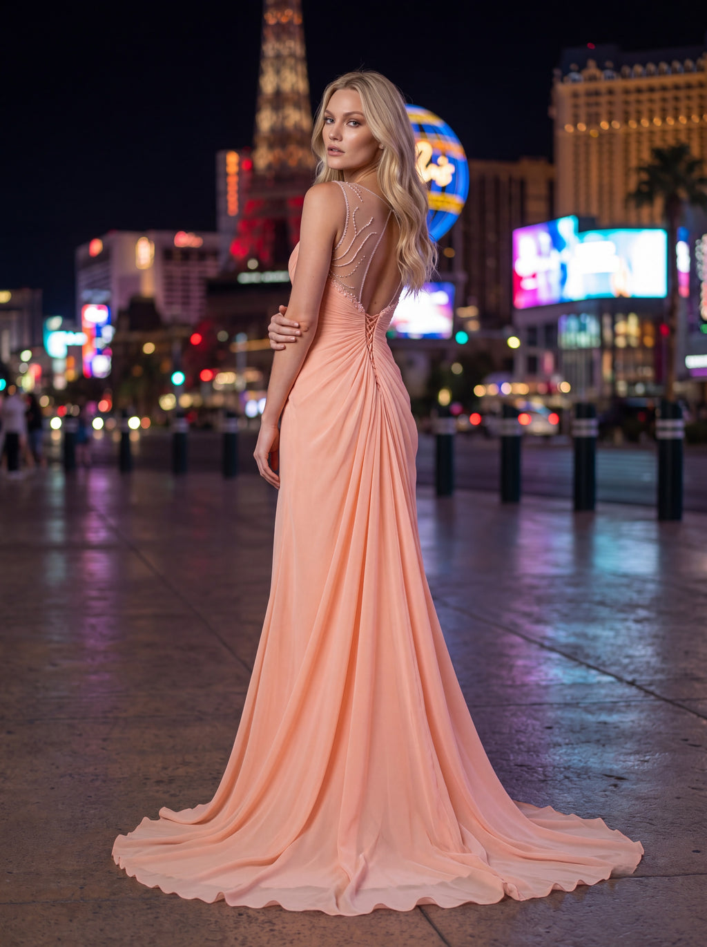 Peach Embellished Ruched Evening Gown