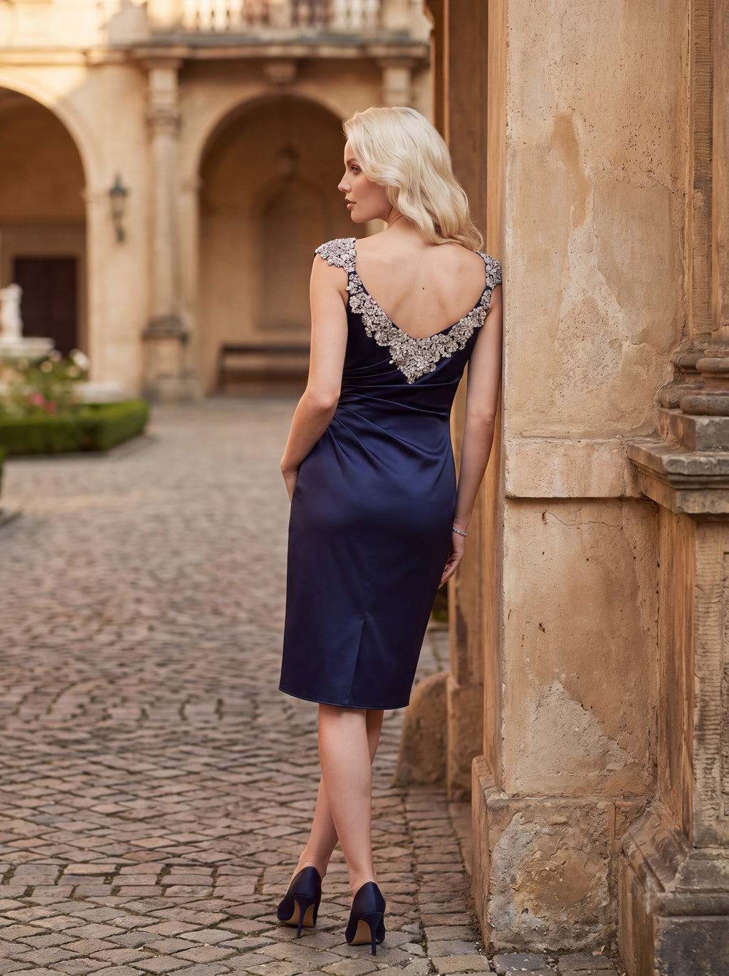 Navy Satin Embellished Cocktail Midi Dress