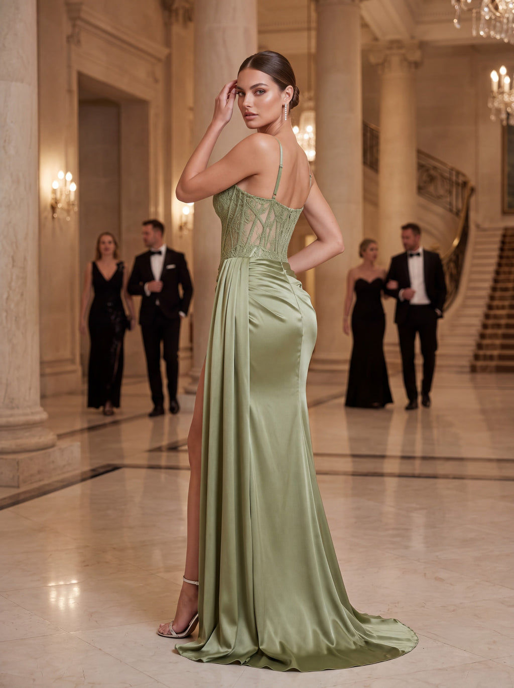 Sage Green Lace Corset High Slit Satin Evening Gown