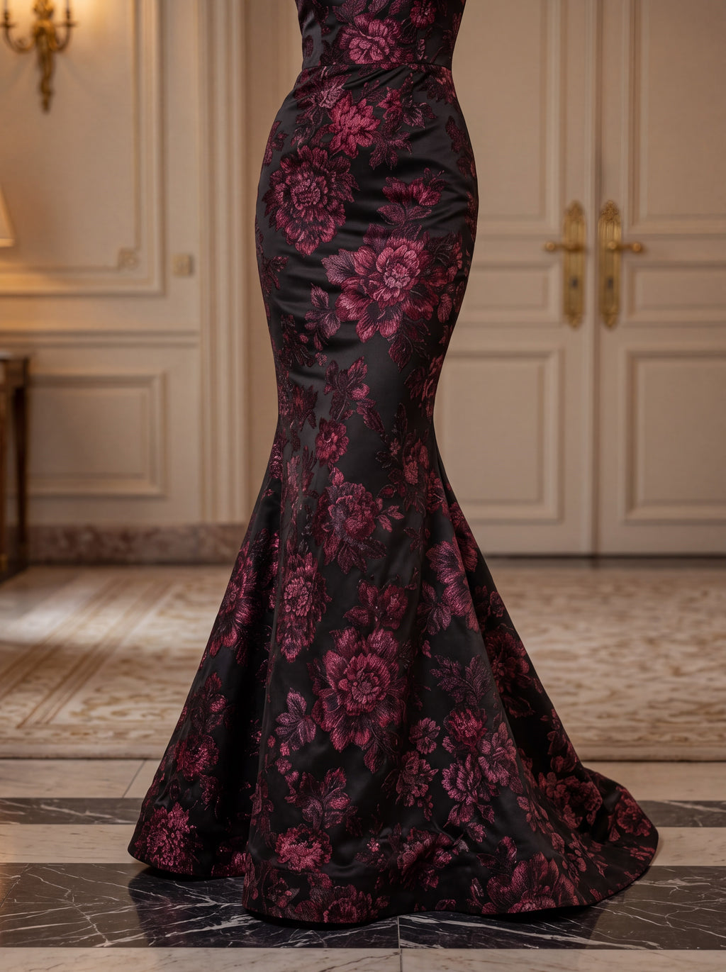 Black & Burgundy Floral Mermaid Evening Gown