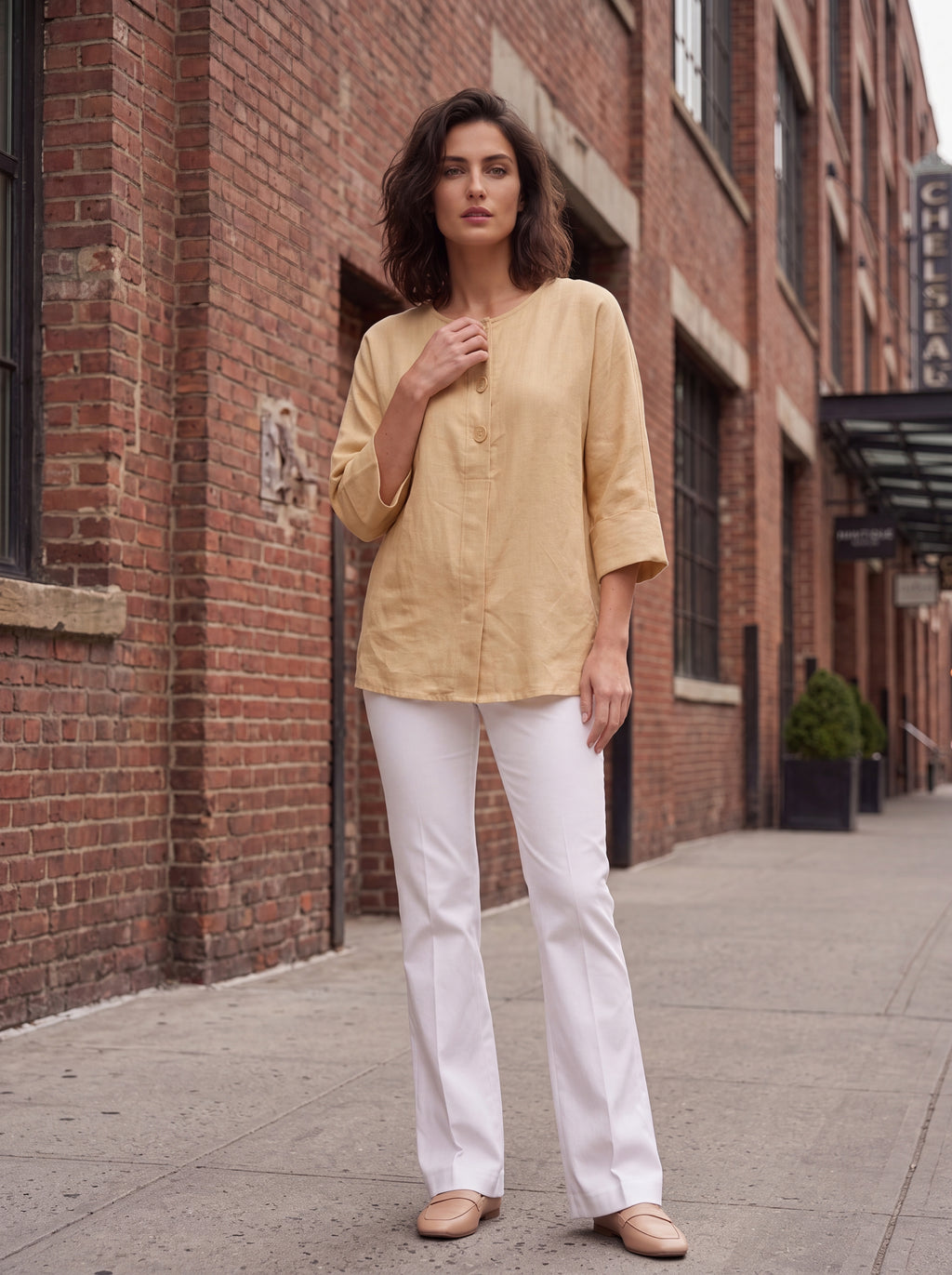 Women's Mustard Linen Button Detail Top | Premium Relaxed Casual Blouse