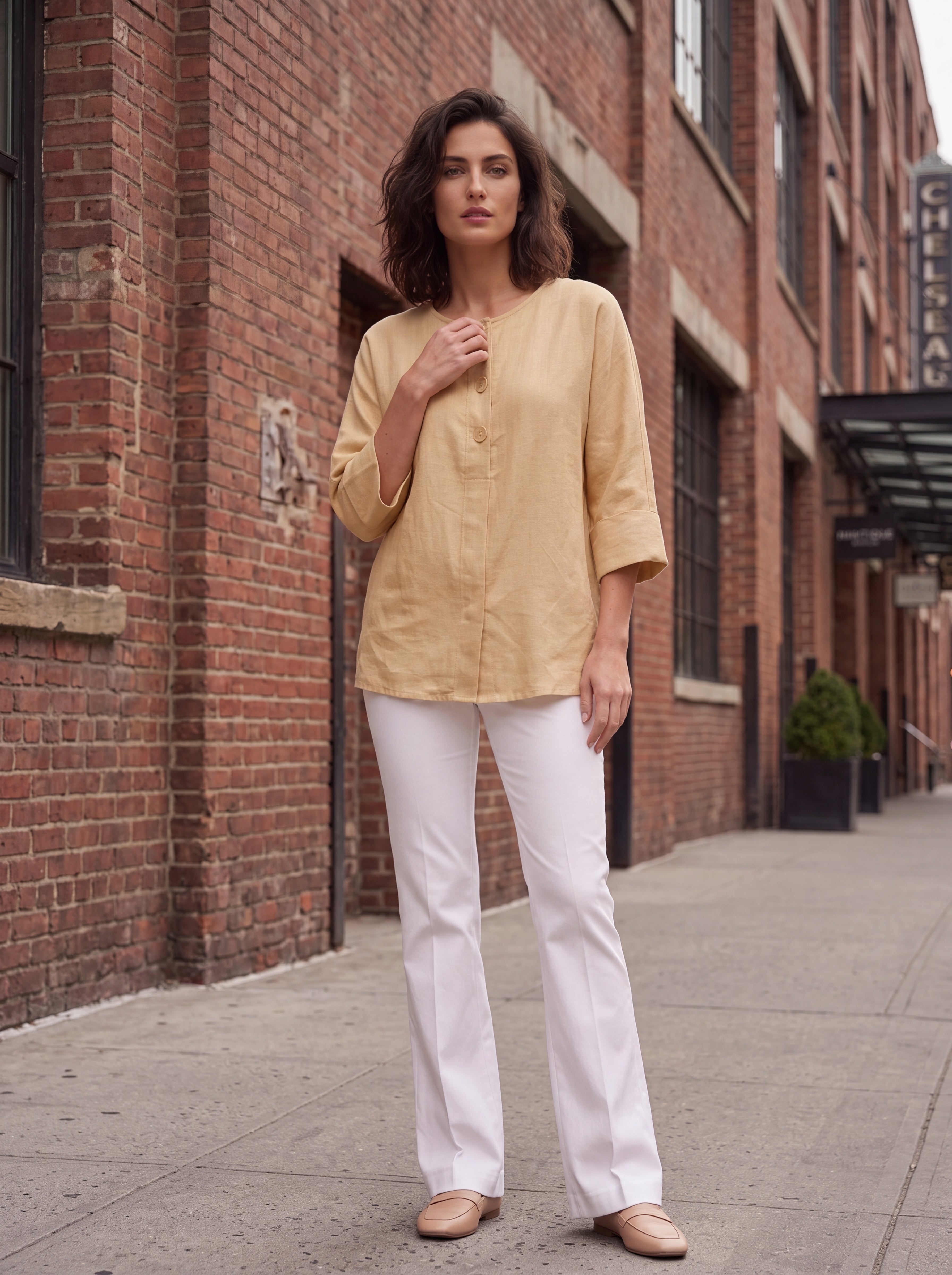 Women's Mustard Linen Button Detail Top | Premium Relaxed Casual Blouse