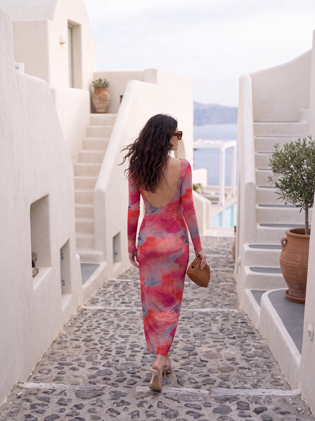Women's Abstract Print Bodycon Maxi Dress – Pink & Coral