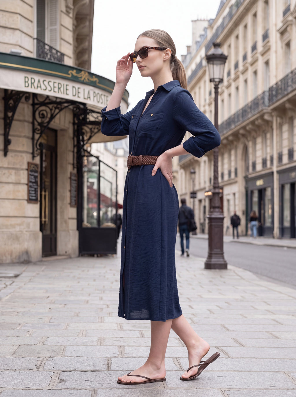Women's Navy Button-Front Shirt Midi Dress with Belt