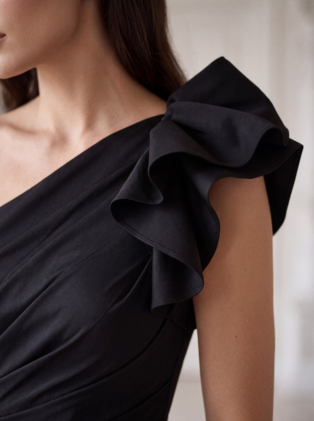 Black One-Shoulder Ruffle Evening Dress